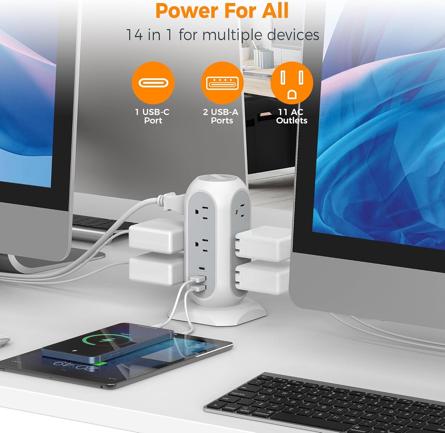 Tower Power Strip Flat Plug with 11 Outlets 3 USB (1 USB C), TESSAN Surge Protector Tower 1625W/13A,1050J Protection, 6 Feet Extension Cord with Multiple Outlets, Office Desk Supplies, Dorm Essentials 6 Feet White - Image 6