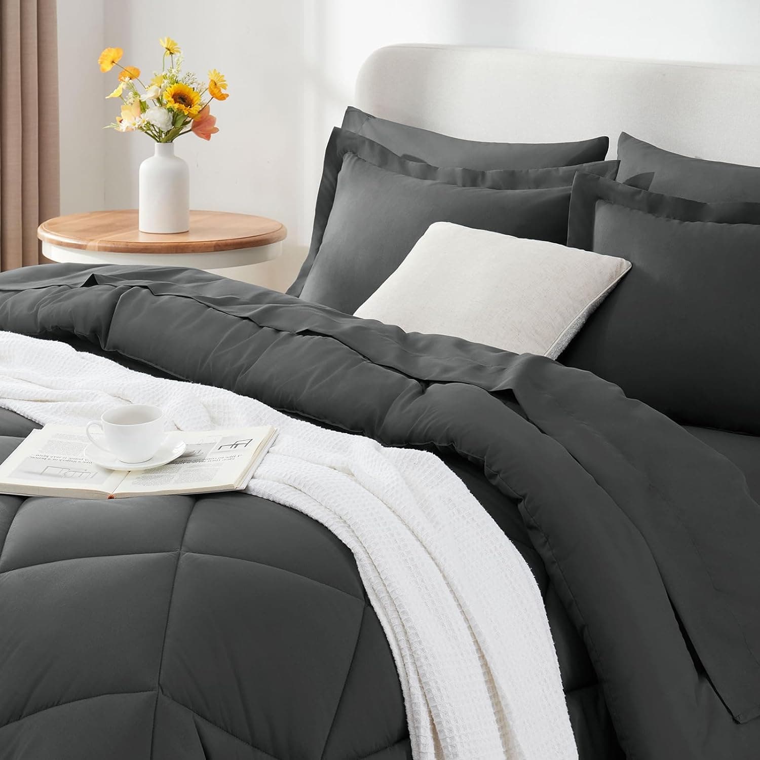 CozyLux Queen Comforter Set Dark Grey - Bed in a Bag Queen Size 7 Pieces, Luxury Soft Bed Set for All Seasons, Bedding Set with Down Alternative Comforter, Sheets, Pillowcases & Shams Dark Grey Queen - Image 4