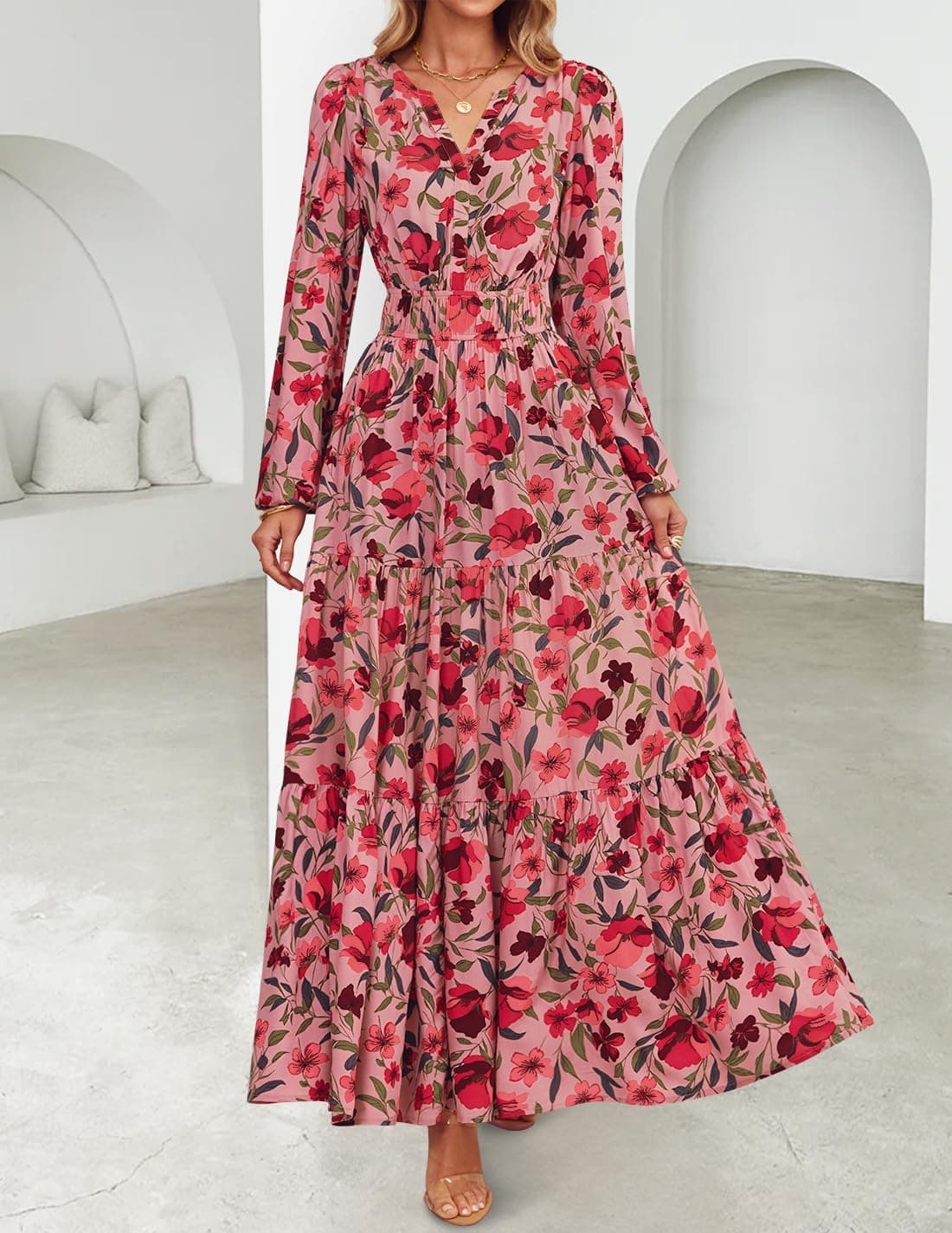 ZESICA Women's 2025 Fall Long Sleeve Maxi Dress Floral Print V Neck Empire Waist A Line Tiered Flowy Boho Party Dresses Vintagepink Medium - Image 3