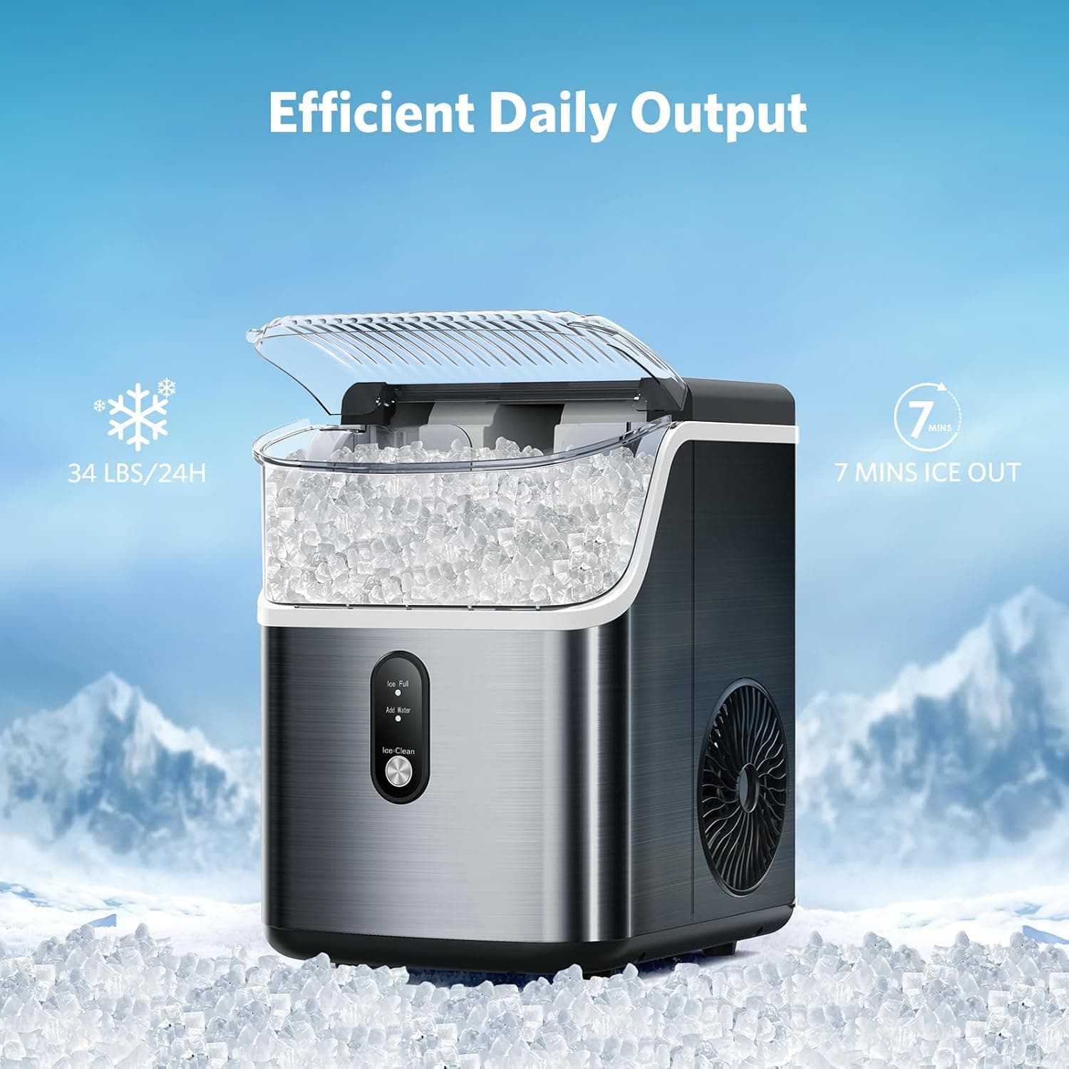 COWSAR Nugget Ice Makers Countertop Soft Chewable Pellet Ice Machine with Auto-Cleaning Function, 35Lbs/24H, Portable Ice Makers for Kitchen, Office, Home，Black 35lbs/24H Stainless Steel Black 1 - Image 3