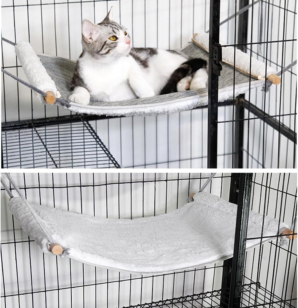 Reversible Cat Hammock for Cage Hanging, Soft Sleeping Bed for Kittens and Small Pets, Features Hardwood Spreader Bars, Portable Hammock can be Tied Between Trees or Posts (Grey+White, Medium) Medium Grey+White - Image 2
