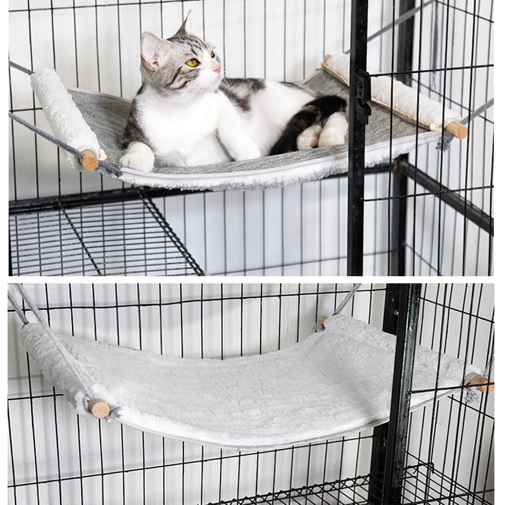 Reversible Cat Hammock for Cage Hanging, Soft Sleeping Bed for Kittens and Small Pets, Features Hardwood Spreader Bars, Portable Hammock can be Tied Between Trees or Posts (Grey+White, Medium) Medium Grey+White