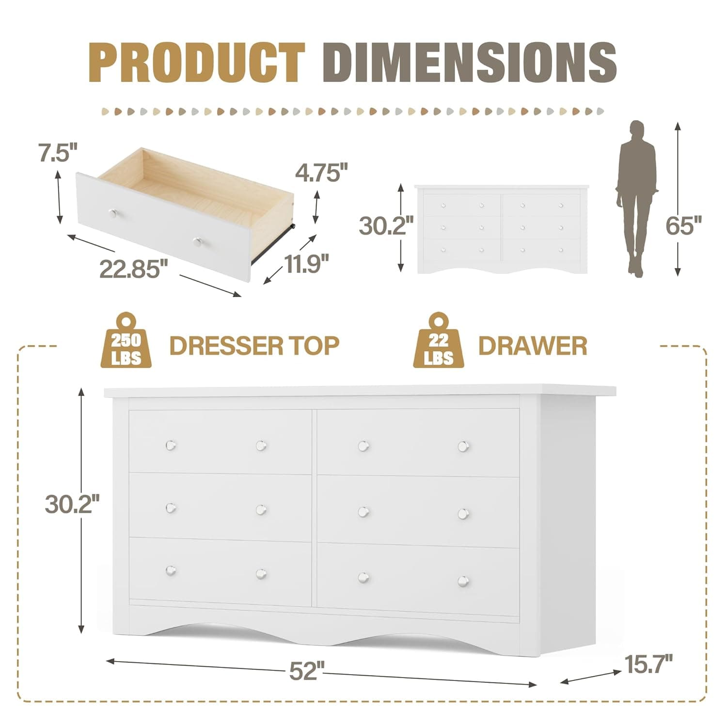 YESHOMY Dresser for Bedroom with 6 Drawers, Modern Chest of Drawers, Wooden Dressers, TV Stand for Living Room,Closet, Hallway (White) - Image 3