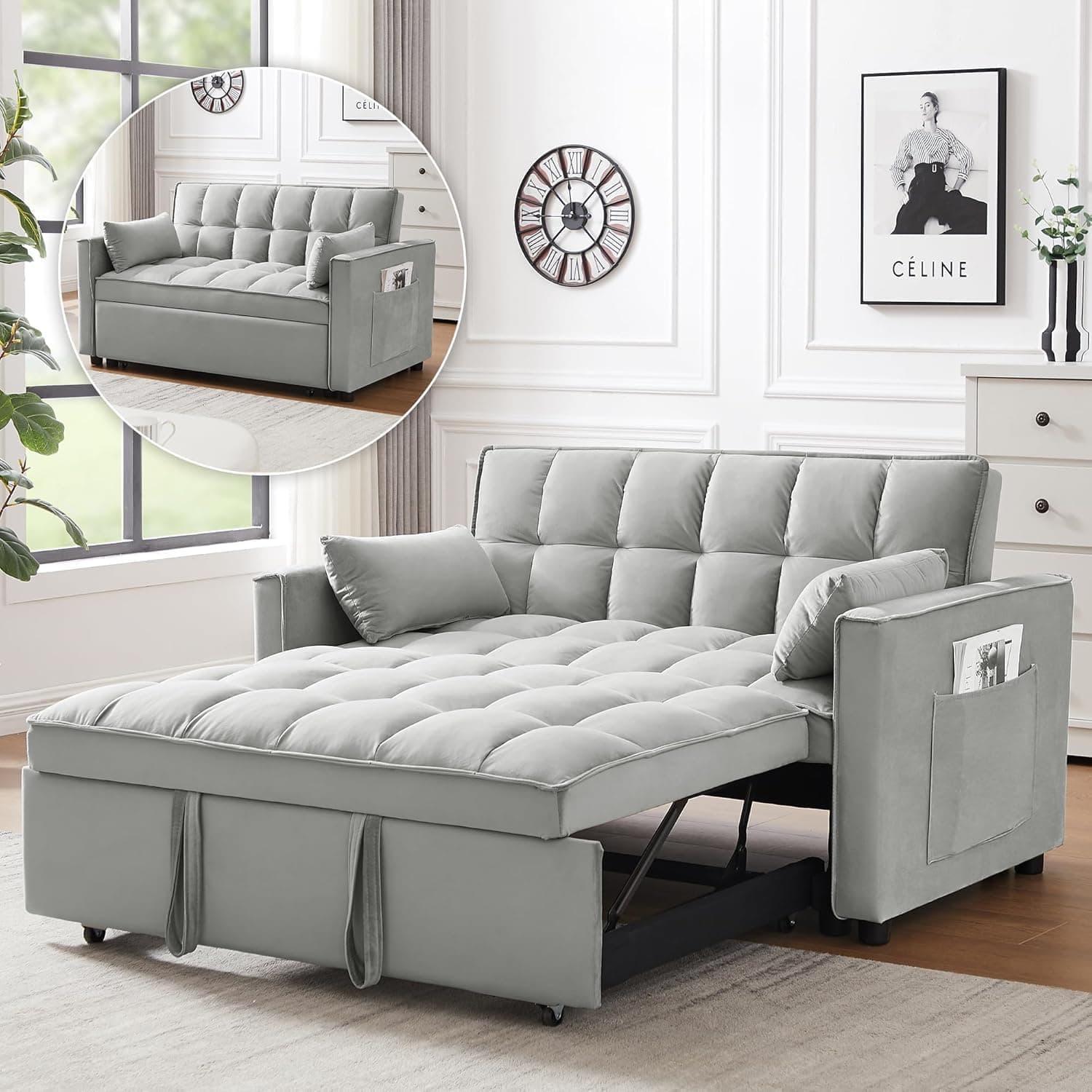3 In 1 Velvet Convertible Sofa Bed, Pull Out Couch Bed with Reclining Backrest And 2 Pillows, 54" Full Size Loveseat Sleeper Sofa Futon Couch Beds, Couches For Small Spaces, Living Room (Silver Grey) - Image 2