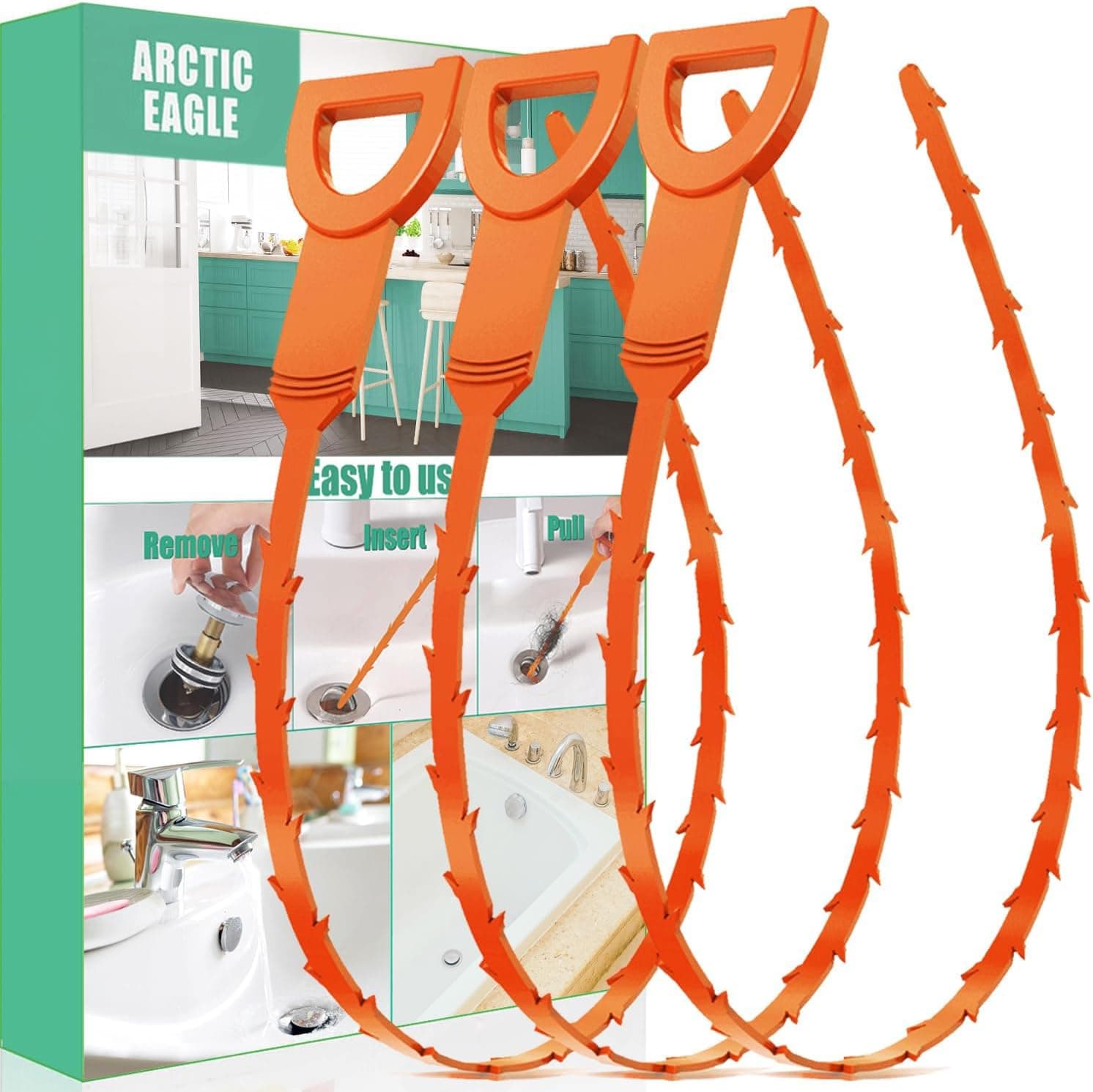 Desatascador de Drenaje - 3 Paquete de Herramienta Desatascadora para Ducha y Fregadero con Empaque Exquisito 3 Paquete Naranja