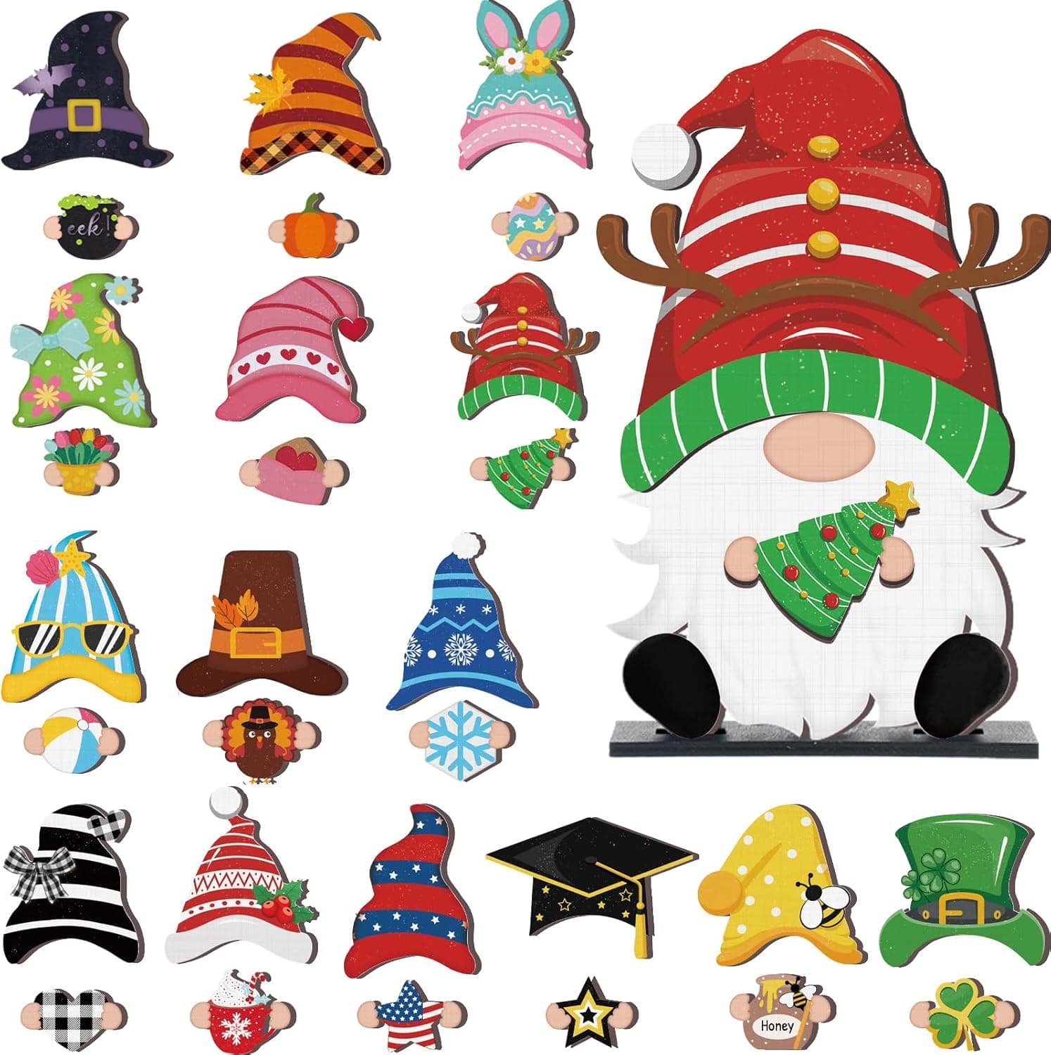 Blulu 32 Pcs Christmas Interchangeable Wooden Gnome Decor DIY Holiday Christmas Seasonal Tiered Tray Decoration Gnomes with Magnet Pieces Welcome Sign for Xmas Holiday Decorations (Cute) - Image 2