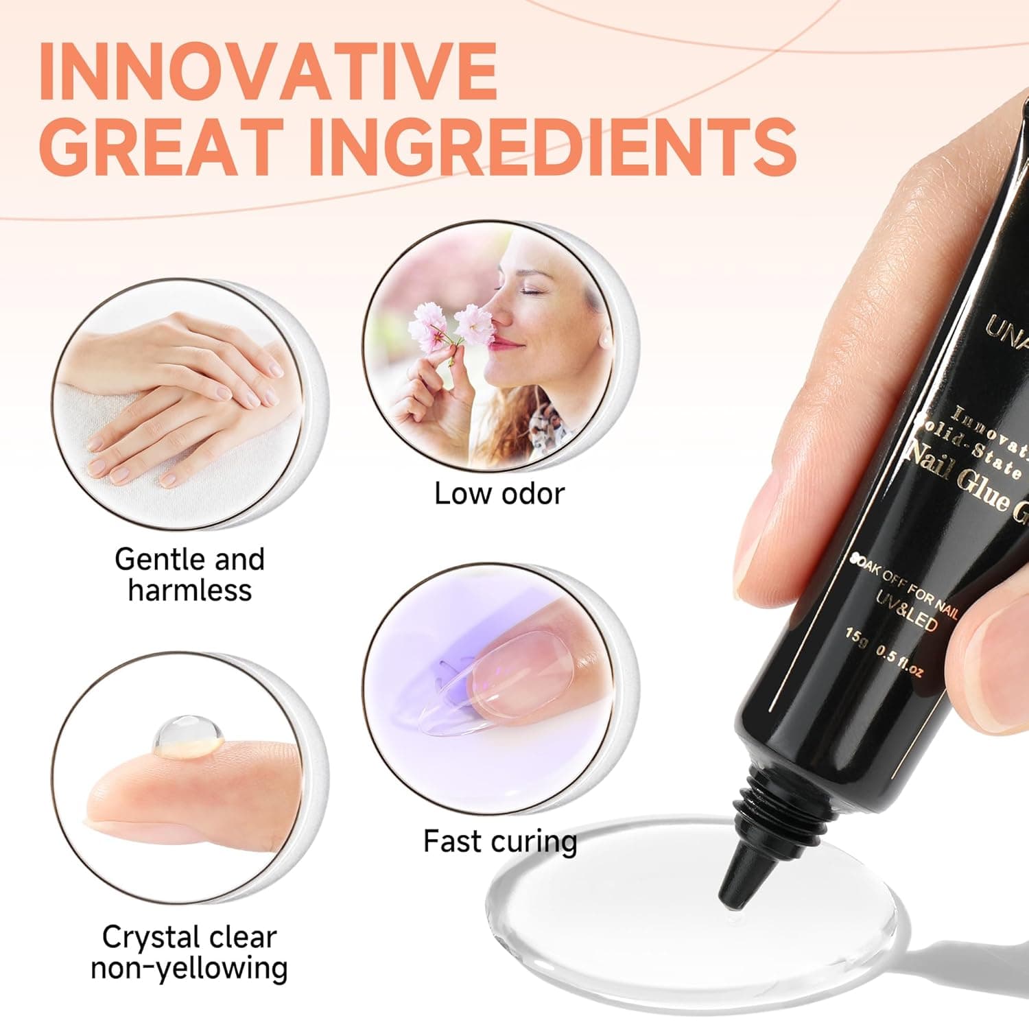 UNA GELLA Solid Nail Glue Gel 15ml Lamp Curing Needed Solid Soak Off U V/LED Lamp Required Super Strong Glue For Fake Acrylic Soft Gel Nail Tips Press On Nails Art Extension B-1 Pcs Nail Tips Glue - Image 4