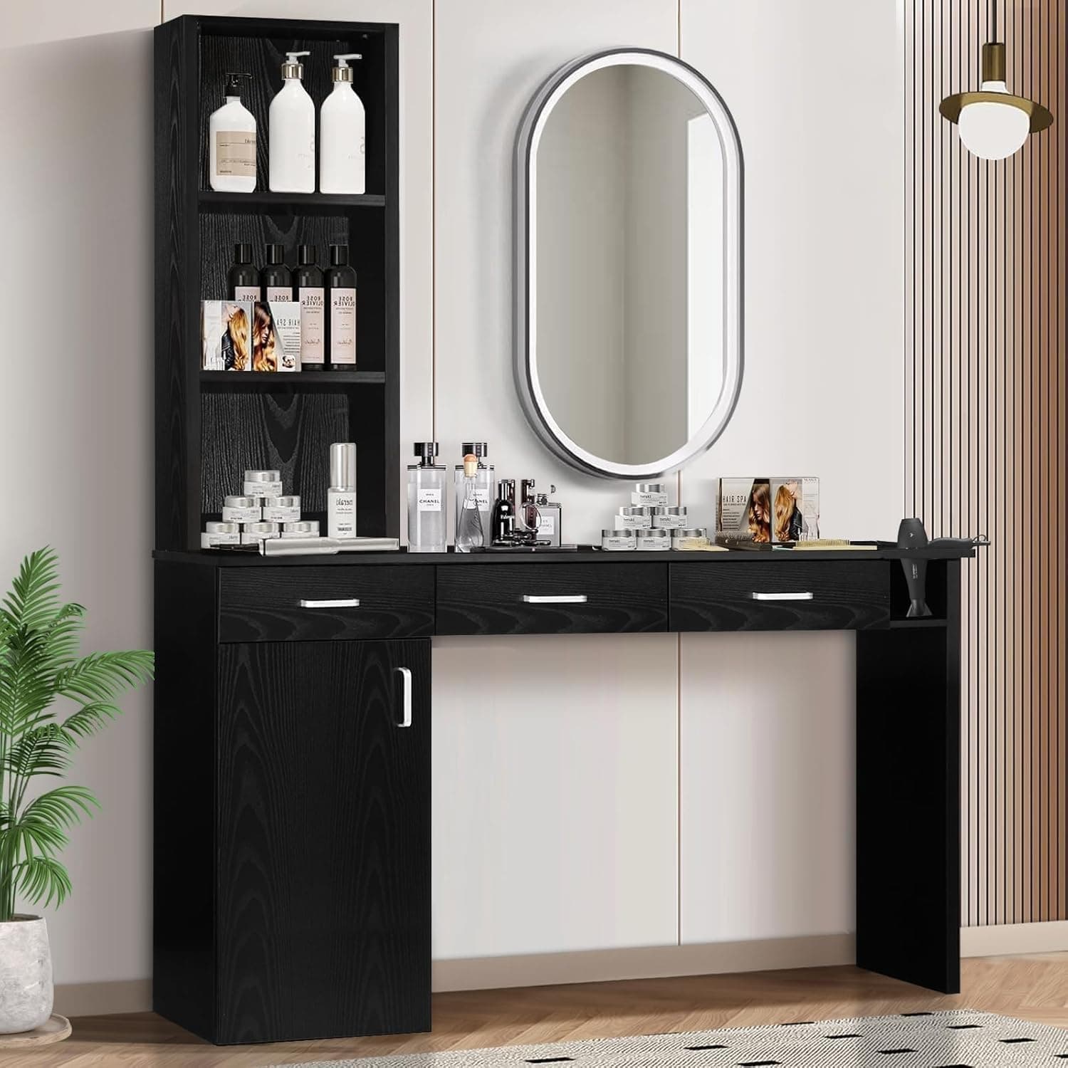 4ever2buy Barber Station for Hair Stylist, Salon Wall Station with Barber Cabinet, Hair Stations Equipment Hair Dryer Holder, Drawers, Wall Mount Barber Beauty Station, Mirror not Included, Black - Image 6