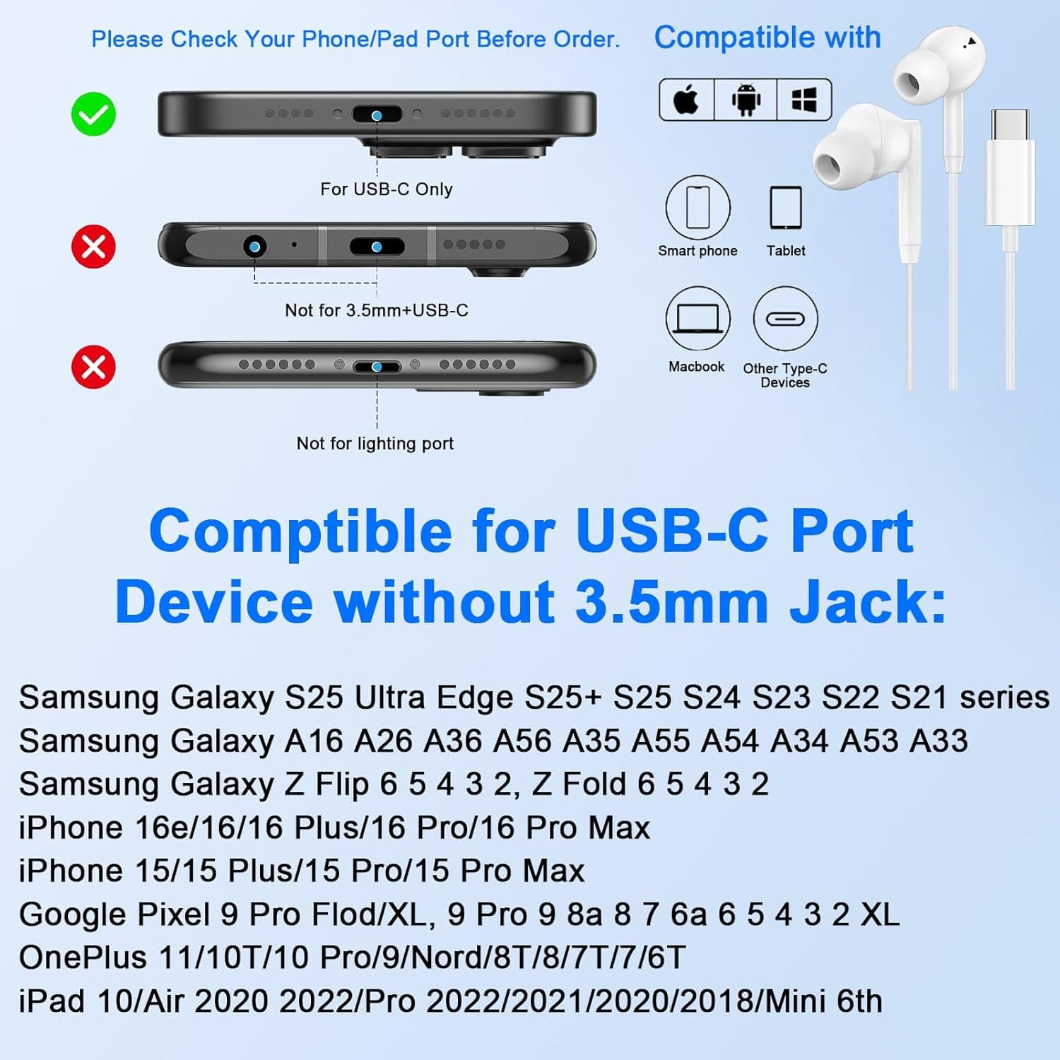 USB C Wired Earbuds Ear Buds for iPhone 17 16 Pro Max 16e 16 Plus 16Pro 15 Pro Max 15 Plus 15Pro 15 USBC in-Ear Headphones Wired Type C iPhone 16 Earbud Earphones Headsets with Microphone for Samsung White - Image 6