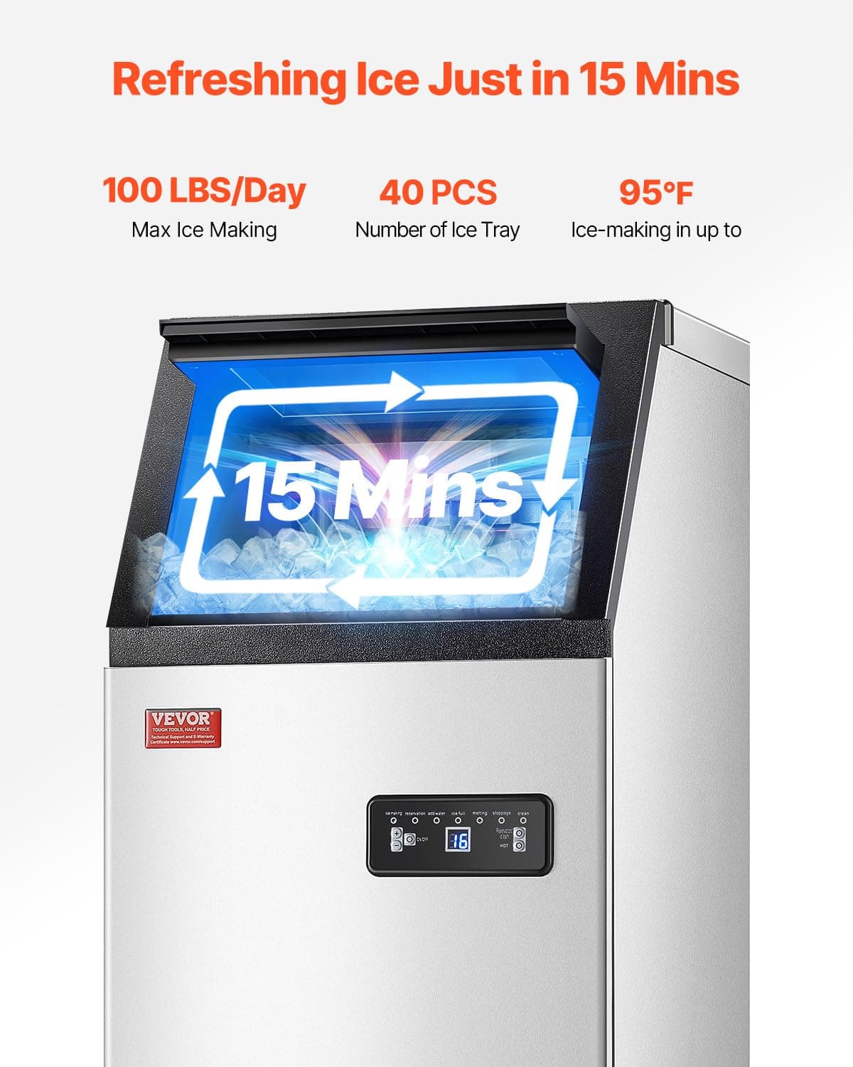 VEVOR Commercial Ice Maker, 100lbs/24H Ice Maker Machine with 28lbs Storage Capacity, 40 Ice Cubes in 15 Minutes, Freestanding Ice Maker for Bar Home Office Restaurant, LED Display, Self-Cleaning - Image 3