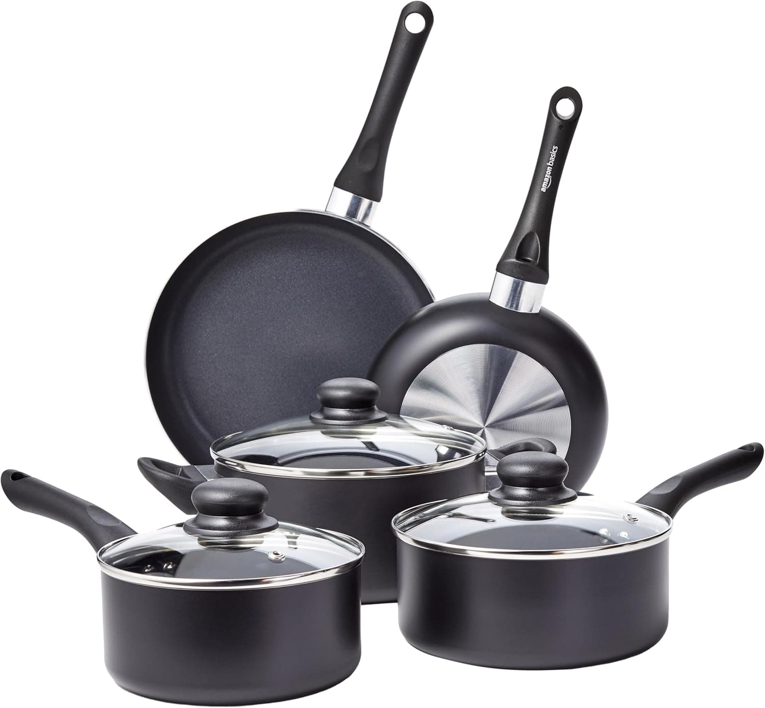 Amazon Basics Non Stick Kitchen Cookware 8-Piece Set, Non-Induction, Includes Pots and Pans, Black - Image 2