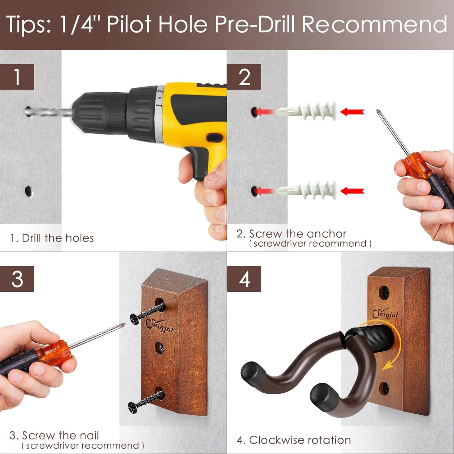 SNIGJAT Guitar Wall Mount 2 Pack, Hardwood Guitar Hanger Wall Hook Holder Stand with Screws, Guitar Wall Mount Hanger for Acoustic Guitar, Electric Guitar, Banjo, Bass, Mandolin Saddle Brown 2 - Image 5