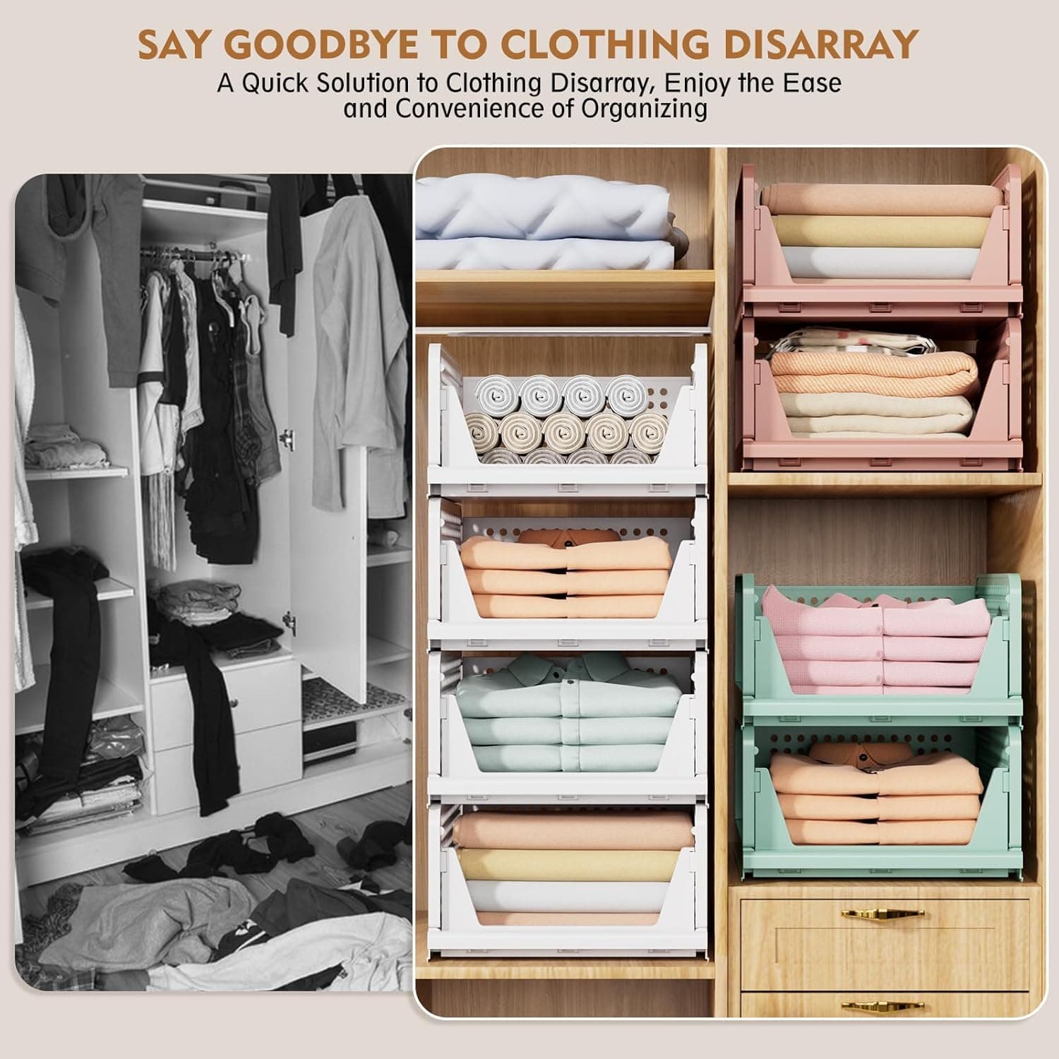 SNSLXH 5 Pack Stackable Closet Storage Basket, Multifunctional & Foldable Closet Organizer for Bathroom Kitchen Laundry Room Wardrobe Storage, Space-Saving Clothes Storage Drawer Organizer, White White 5 Pack - Image 9