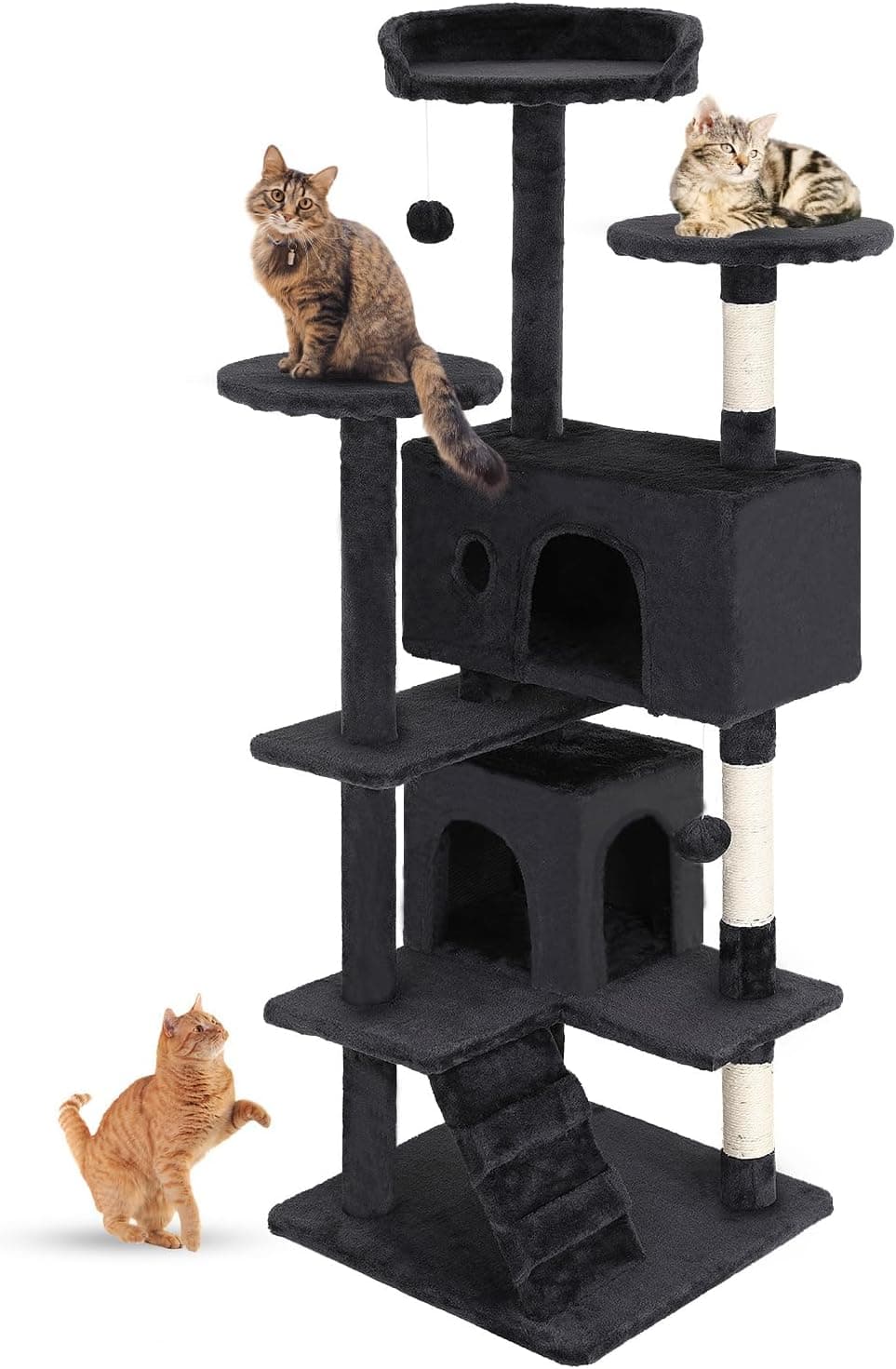 FDW | 54" Cat Tree Tower | Dark Gray | Multi-Level Indoor Activity Center with Sisal Scratching Posts, Condos, Plush Perches, Hanging Cat Toys | Sturdy, Easy to Assemble | for Kittens & Adult Cats Dark Gray 54in - Image 2
