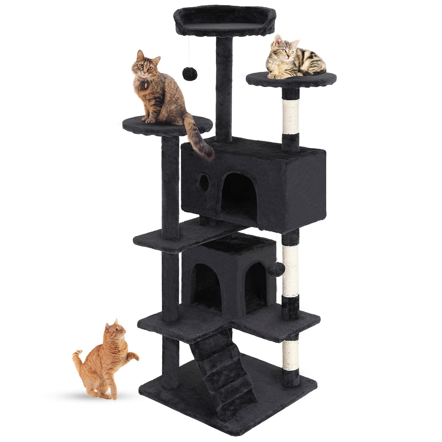 FDW | 54" Cat Tree Tower | Dark Gray | Multi-Level Indoor Activity Center with Sisal Scratching Posts, Condos, Plush Perches, Hanging Cat Toys | Sturdy, Easy to Assemble | for Kittens & Adult Cats Dark Gray 54in