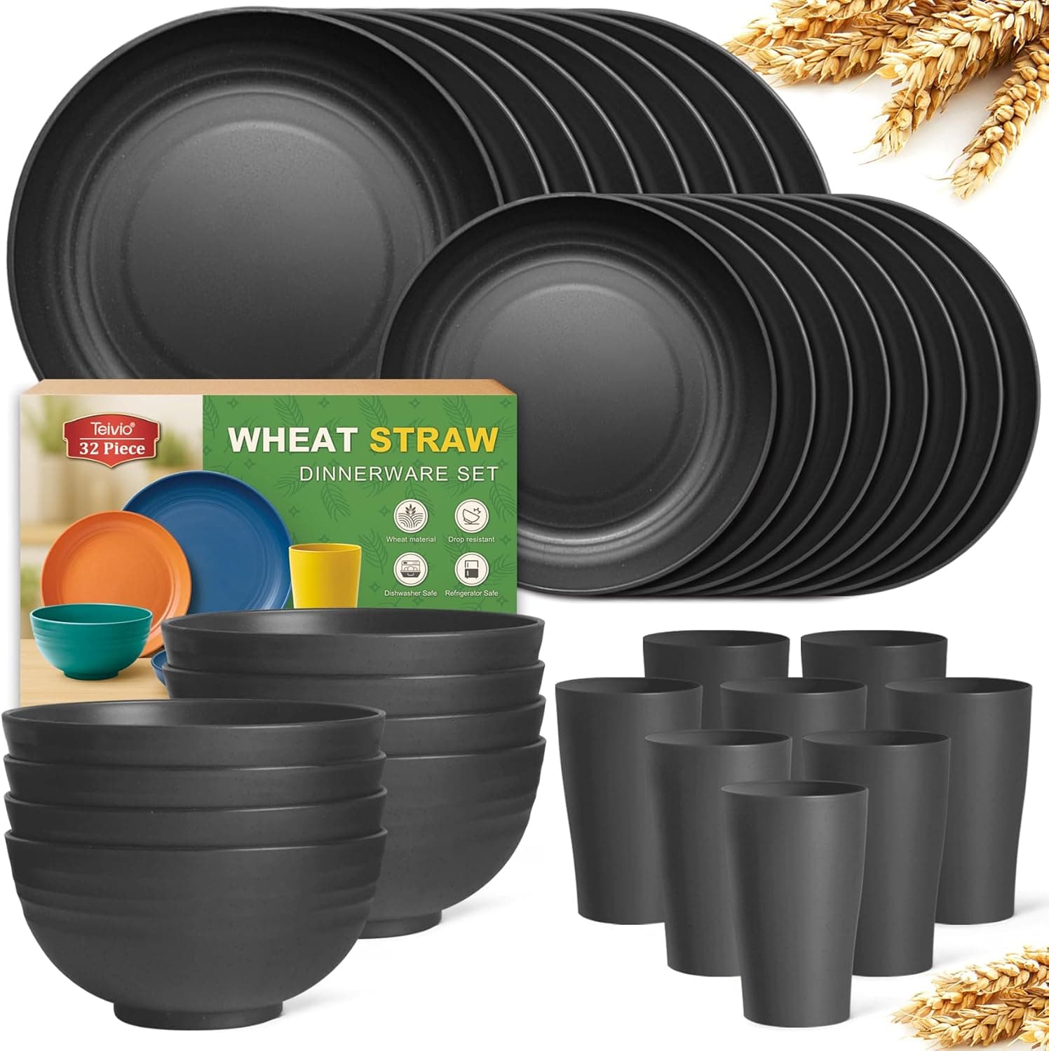Teivio 32-Piece Kitchen Plastic Wheat Straw Dinnerware Set, Service for 8, Unbreakable Modern Dish Set - Dinner Plate/Dessert Plate/Cereal Bowl/Cup, for Apartment Essentials, Outdoor Camping,Black - Image 2