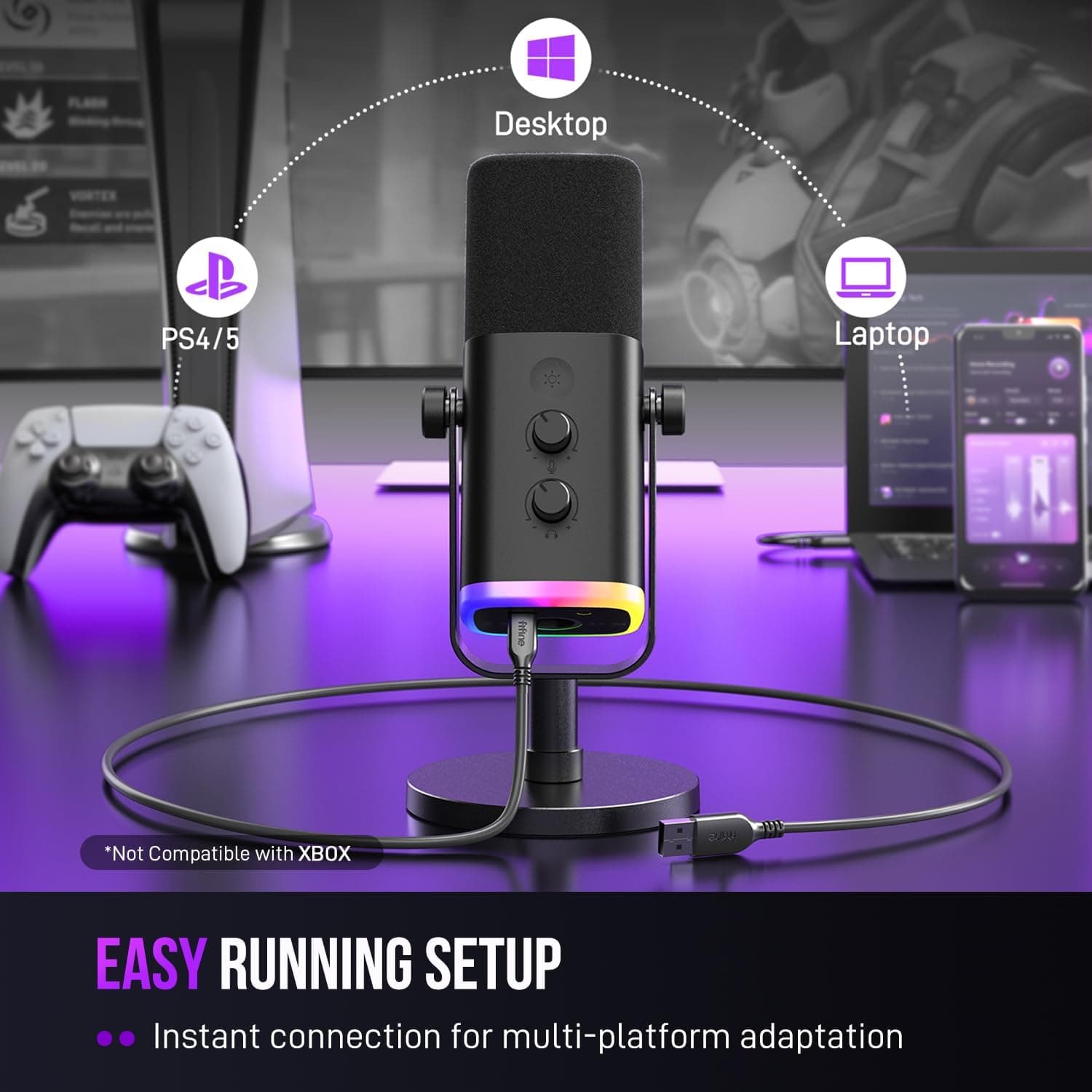 FIFINE USB/XLR Dynamic Microphone for Podcast Recording, PC Computer Gaming Streaming Mic with RGB Light, Mute Button, Headphones Jack, Desktop Stand, Vocal Mic for Singing YouTube-AmpliGame AM8 Black - Image 8