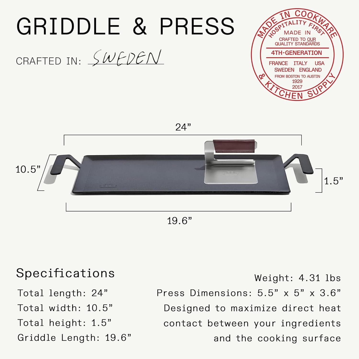 Made In Cookware - Carbon Steel Griddle + Grill Press - (Like Cast Iron, but Better) - Professional Cookware - Crafted in Sweden - Induction Compatible - Image 6