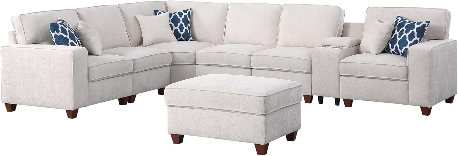 127" L-Shaped Sectional Couch with Movable Ottoman & 6 Throw Pillows,7 Seat Chenille Upholstered Sofa W/2 Cup Holder,USB Port & Hidden Storage Box,DIY Combination,for Living Room,Apartment,Beige Beige-2 127" - Image 8