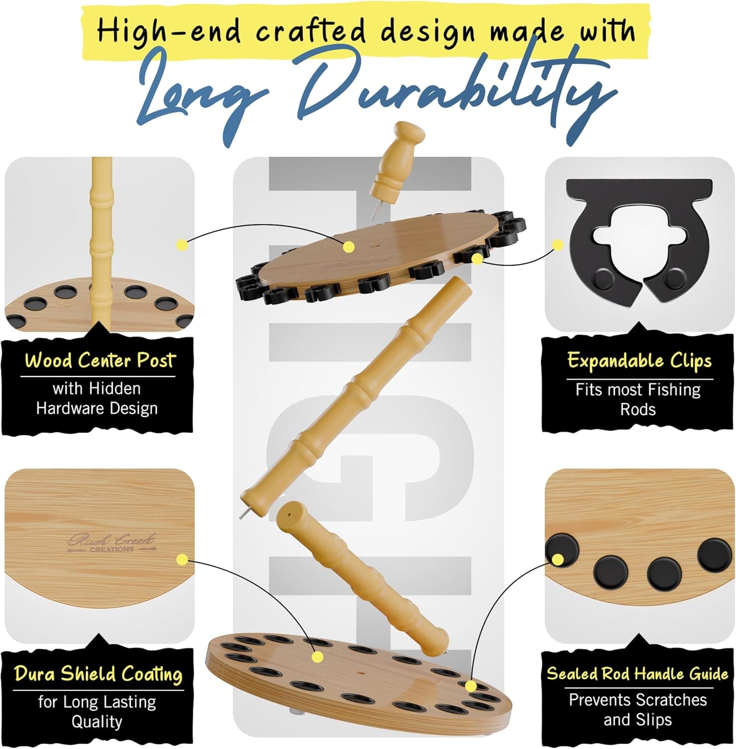 Rush Creek Creations Round 16 Fishing Rod Storage Rack - Features Traditional Handcrafted Wood Post - No Tool Assembly, Wood Grain Laminate Light Wood Grain 16-Rod - Image 5