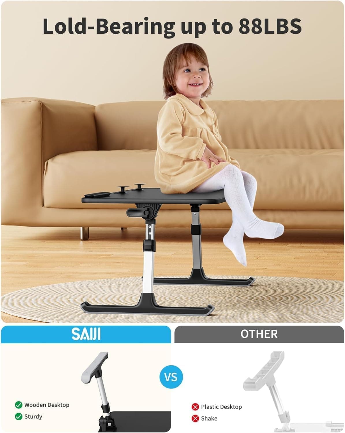 SAIJI Height & Angle Adjustable Laptop Stand for Bed, Lap Desk Bed Tray Table, Light Weight Foldable Portable Laptop Table for Couch Sofa Chair Floor Desk for Adults, Kids (Black) Black 20.5 x 11.8 In - Image 3