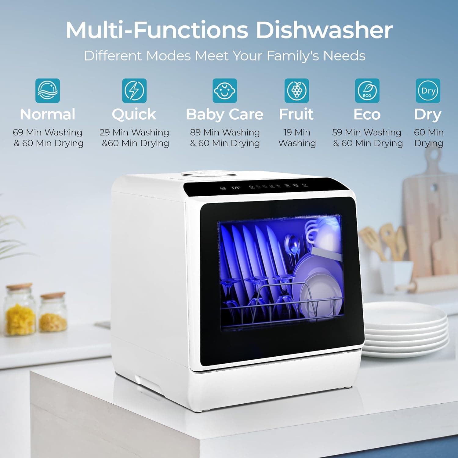EUHOMY Countertop Dishwasher Portable with 6 Programs, 5L Built-in Water Tank for Apartments & RV, 167℉ High-Temp, No Hookup Needed, Mini Dishwasher with Baby Care, Air Dry/Quick/ECO/Fruit/Normal Mode 6 Programs - Black - Image 2