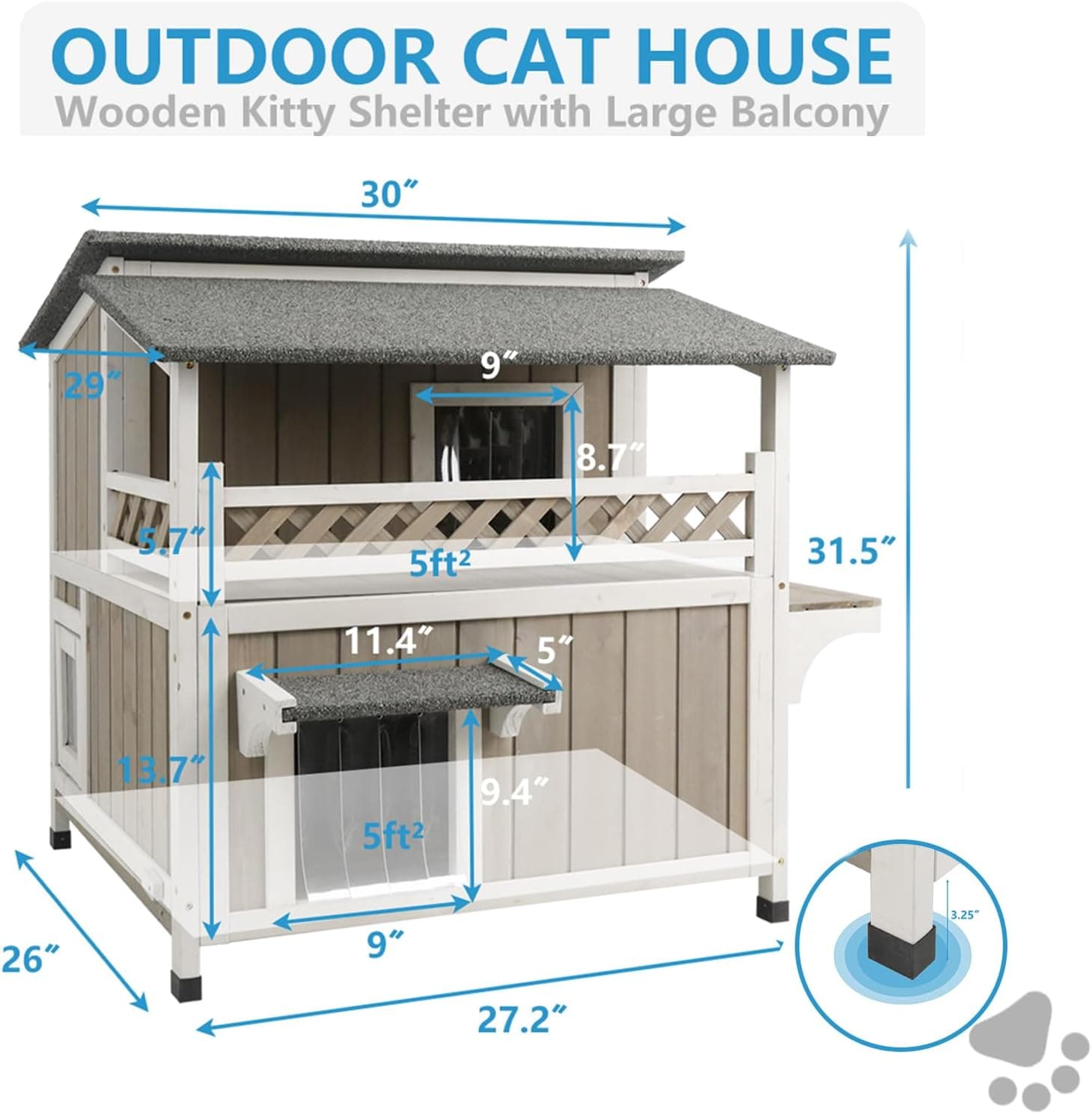 Feral Cat Shelter Outdoor Weatherproof Houses for Cats Two Story Wooden Cat House Outside Feral Cat House with Balcony Waterproof, Escape Doors Greywhite - Image 7