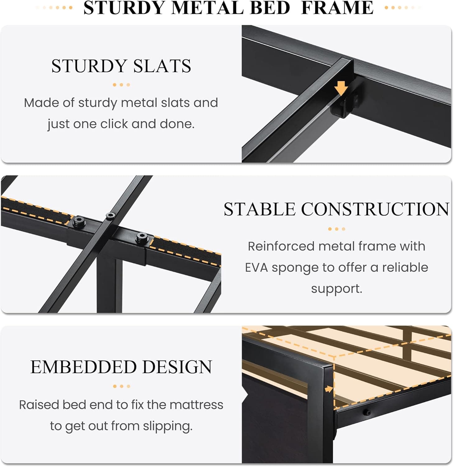 SHA CERLIN Queen Size Bed Frame with Modern Headboard, Heavy Duty Platform Metal Base with Square Footboard and 13 Strong Slats Support, No Box Spring Needed, Black Queen Black - Image 6