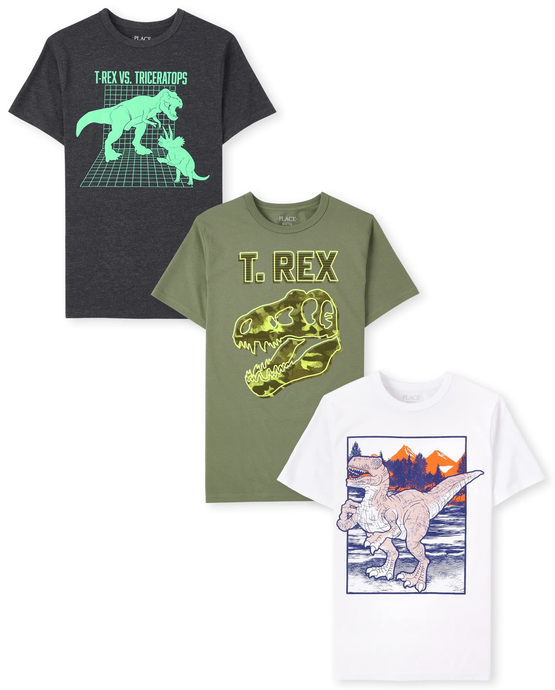 The Children's Place Boys Animals,Cars Short Sleeve Graphic T-Shirts,3 Pack Medium Dino Fight/T. Rex/Dino 3-pack 3