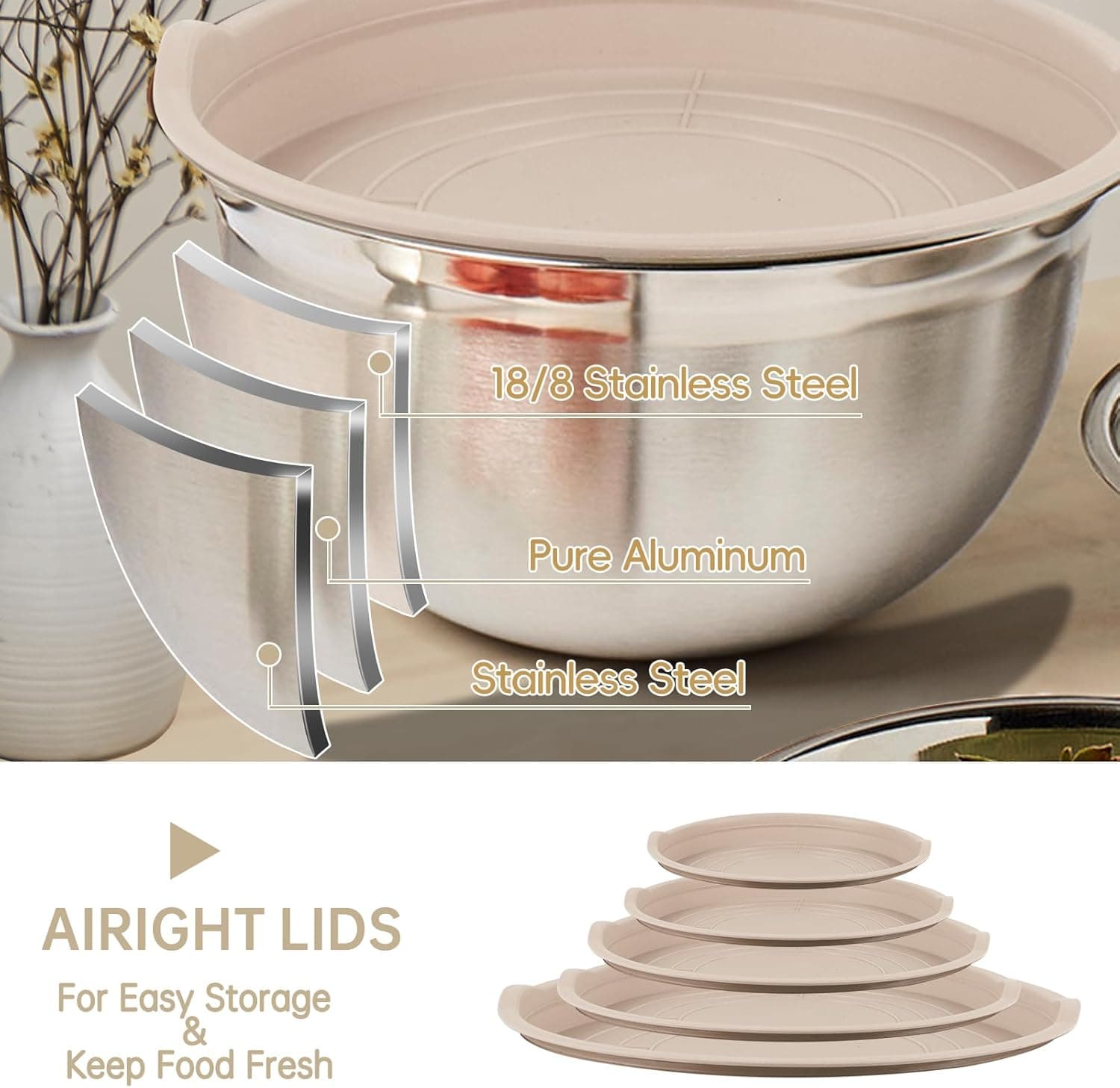 Mixing Bowls Set, 27PCS Khaki Mixing Bowls With Lids Set Stainless Steel Kitchen Large Nesting Metal Bowl 7QT to 1.5QT, Measuring Cups and Spoons for Prepping Cooking Serving Khaki Bowls Set - Image 7