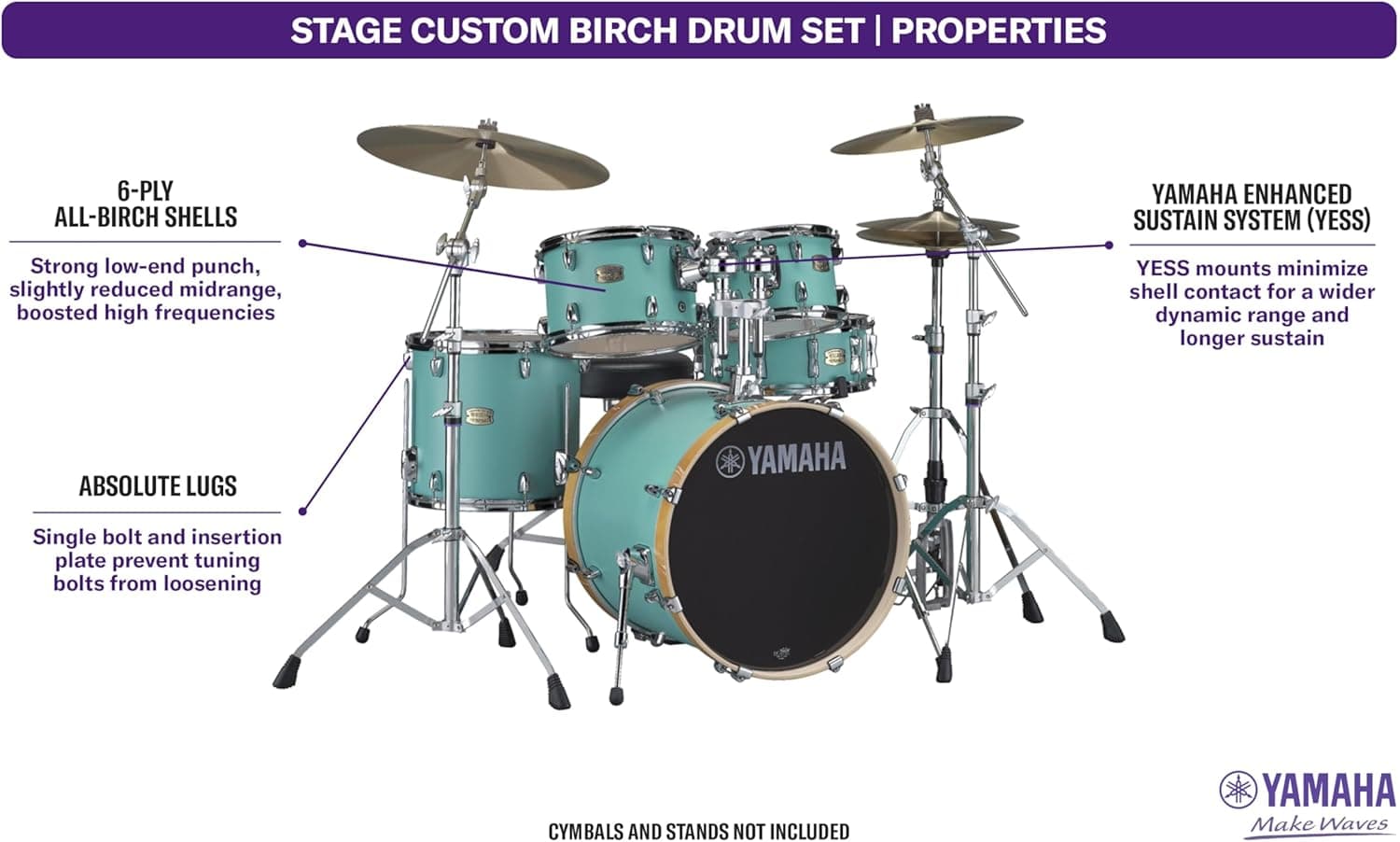Yamaha Stage Custom Birch 5pc Shell Pack with a 20" Kick 14” Snare Drum in Matte Surf Green for Students and Working Drummers (SBP0F50MSG) 20" Kick Matte Surf Green Drum Shell Pack - Image 5