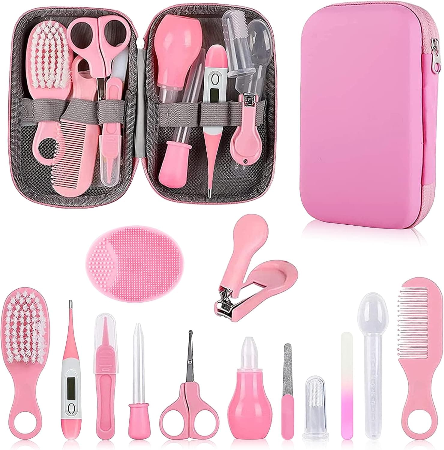 Baby Grooming Kit, Infant Safety Care Set with Hair Brush Comb Nail Clipper Nasal Aspirator,Baby Essentials Kit for Newborn Girls Boys (Pink Baby Grooming kit) Pink Kit+Pink Brush - Image 2