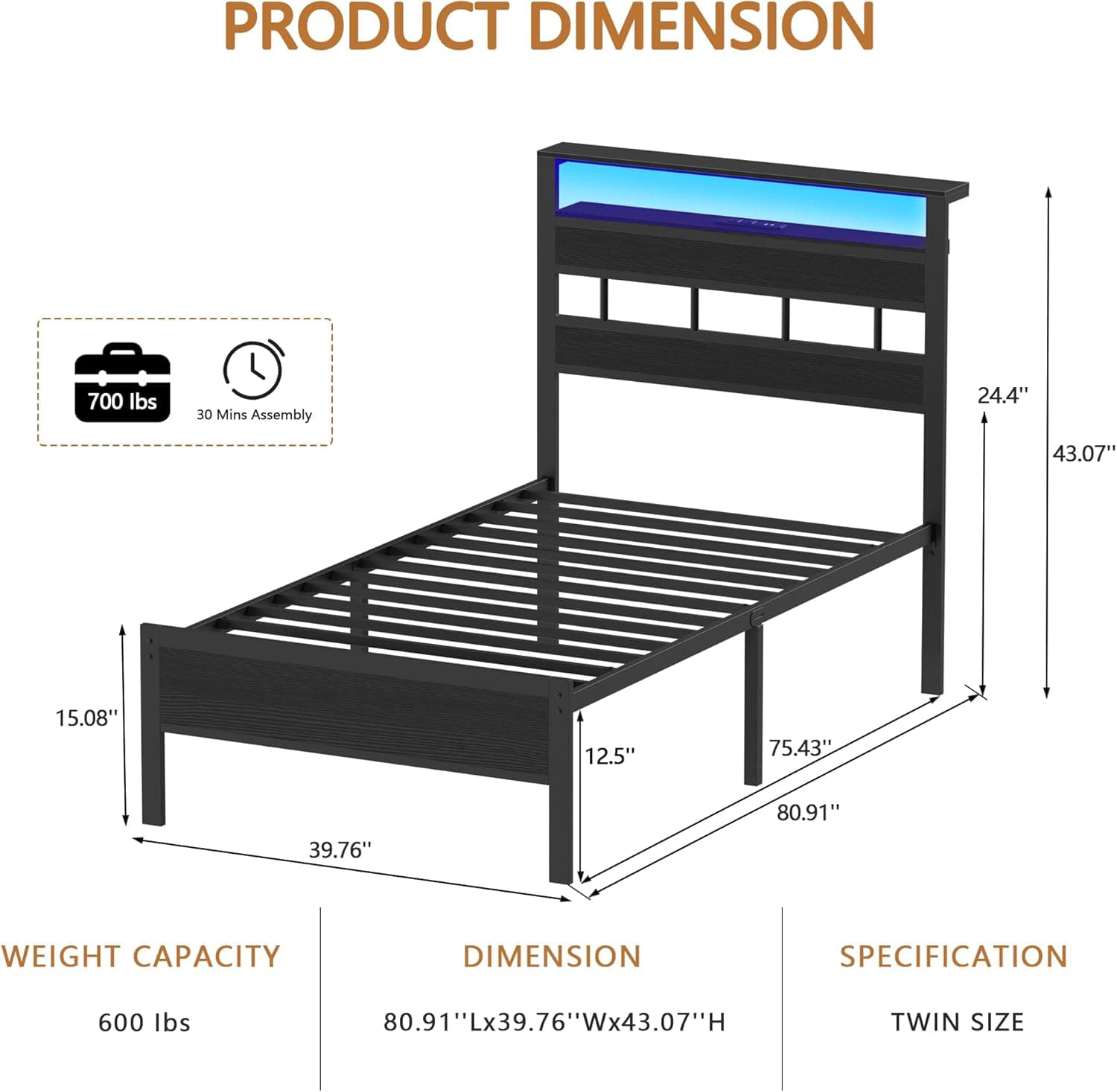 Furnulem Twin Bed Frames with Charging Station and LED Lights, Twin Size Platform Bed with Metal Slats, Wood Headboard with 2-Tier Storage Shelves, No Box Spring Needed, Black Oak Black Oak Twin - Image 8