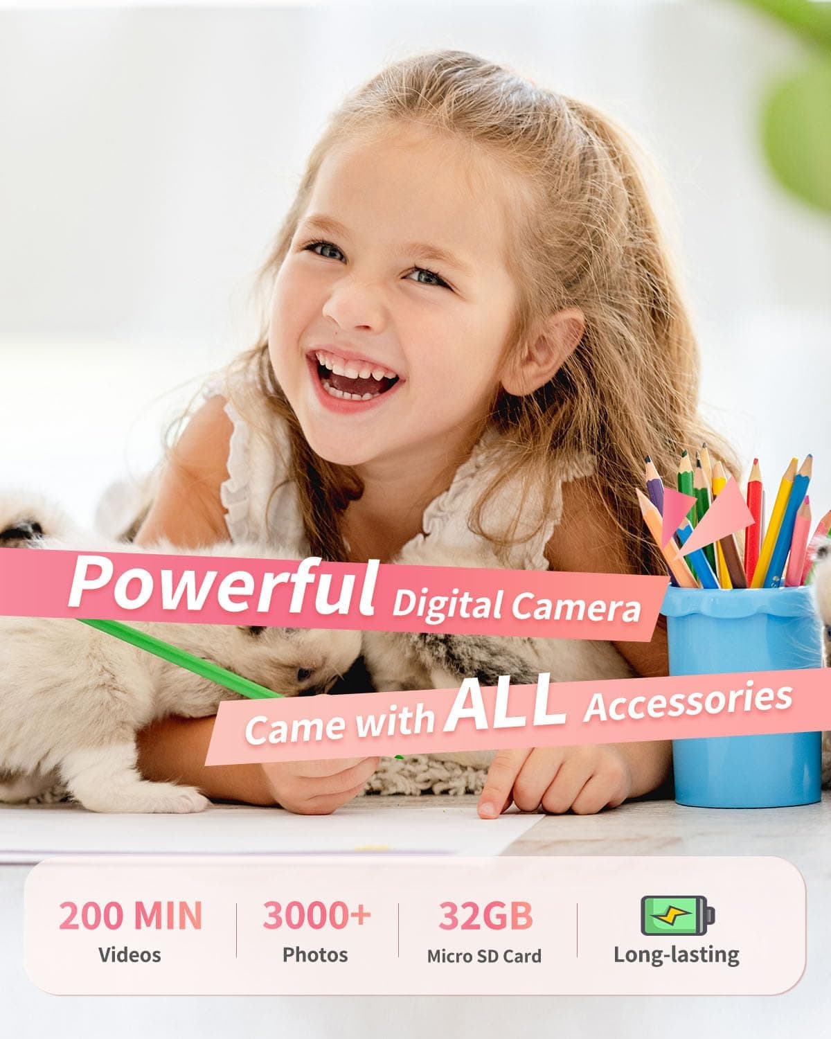 Digital Camera, FHD 1080P Point and Shoot Kids Camera, with 32GB Card, 2 Batteries, 16X Zoom Anti Shake Date Stamp, Compact Portable Small, for Starter Kid Children Teen Student Girl Boy(Pink) - Image 4