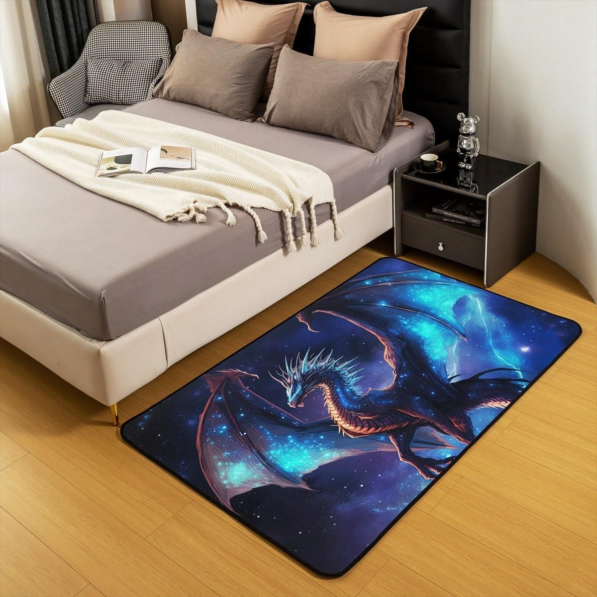 Erosebridal Blue Lightning Dragon Area Rug 3x5 Magical Animal Rug for Teens Fantasy Mysterious Wildlife Carpet Cartoon Starry Sky Nebula Washable Decorative Rug for Bedside Multi 04 3'3" x 4'11" (Rectangular) - Image 4