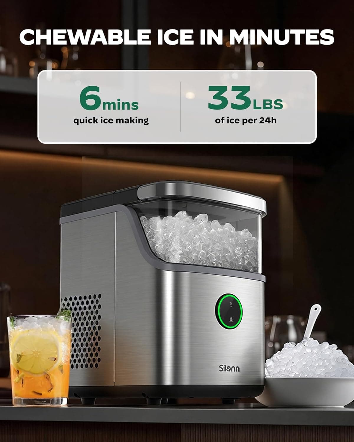 Silonn Nugget Ice Maker Countertop, Ice Basket with Handle, Quiet Operation & Self Cleaning Ice Machine, Chewable Ice, 33 lbs/24H, Portable Pellet Ice Maker with Scoop for Home, Kitchen and Office - Image 5