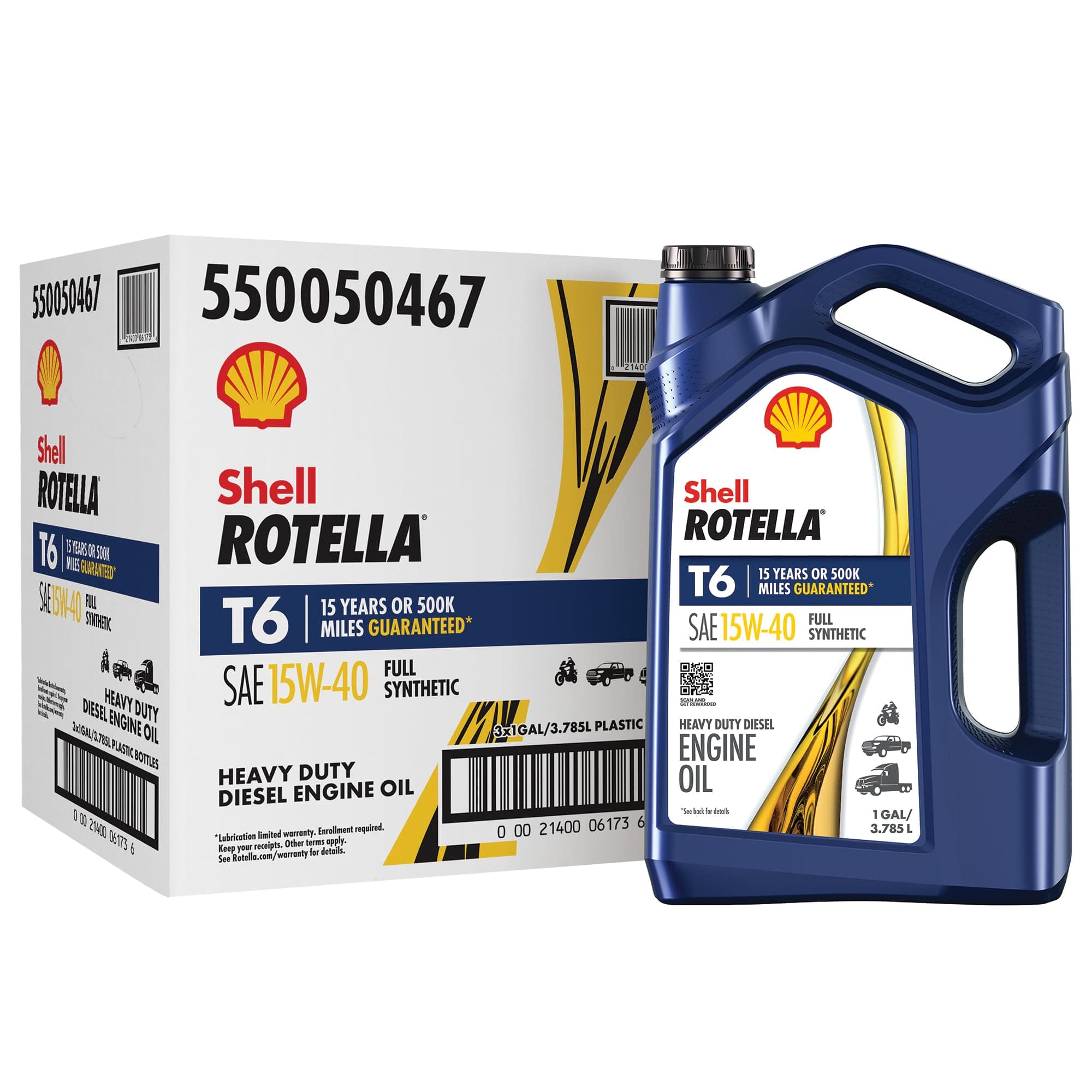 Shell Rotella T6 Aceite de Motor Diésel Sintético Completo 15W-40, 1 Galón (Paquete de 3) 1 Galón Paquete de 3 15W-40