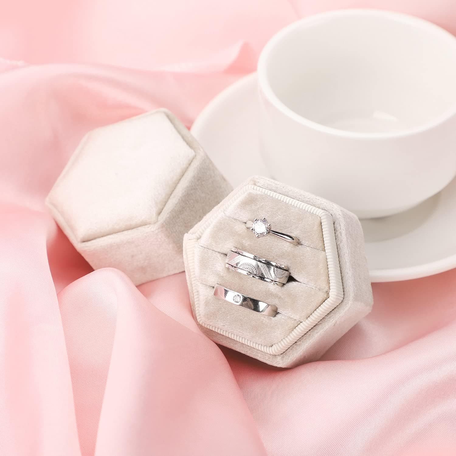 WantGor Velvet Jewelry Ring Box, 3 Slots Hexagon Ring Gift Box Vintage Ring Display Holder Case for Wedding Ceremony Proposal Engagement (Beige, 3 Slots) 3 Slots Beige - Image 5