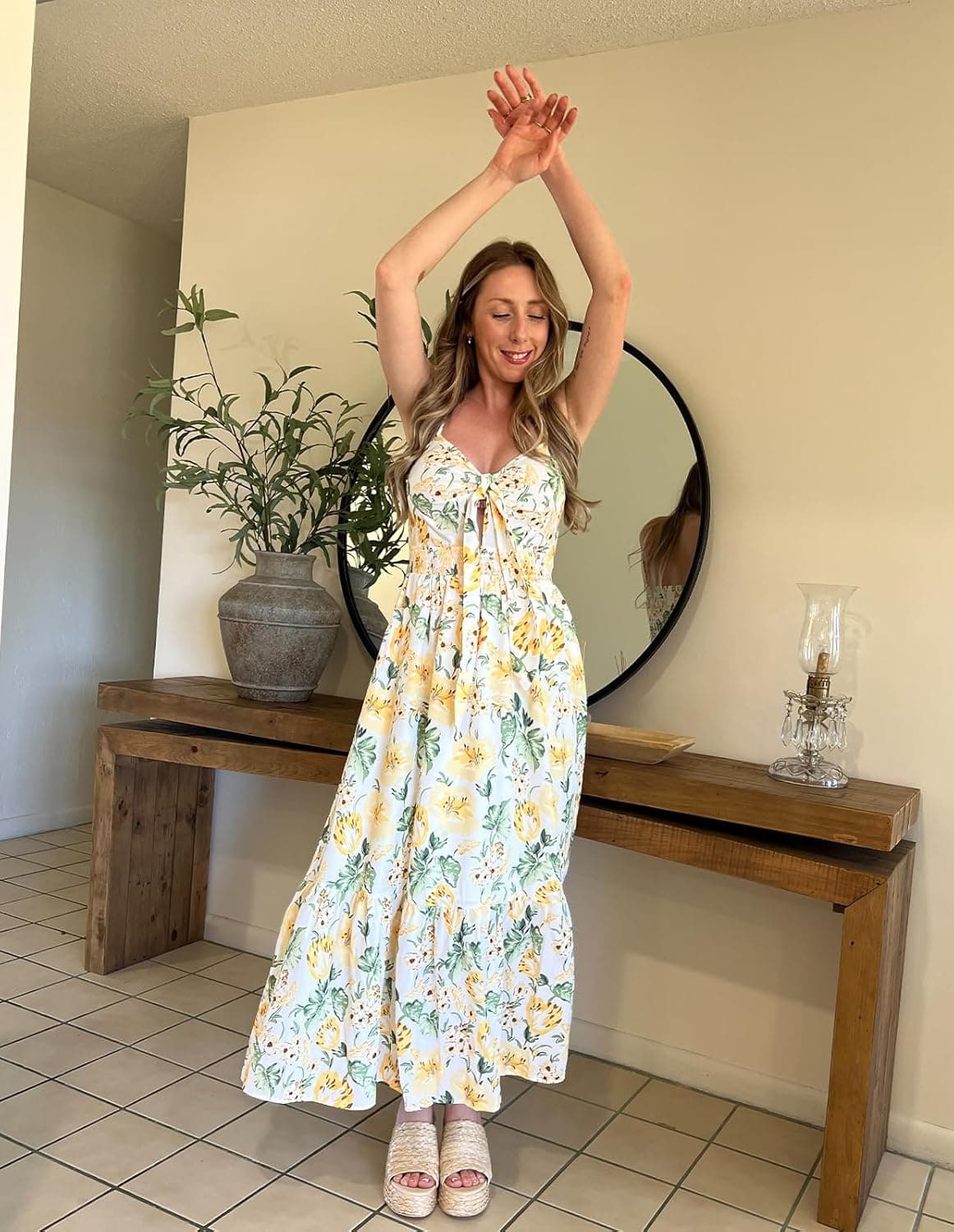 GRACE KARIN Women's 2025 Summer Maxi Dress Floral Tie Front Spaghetti Strap Casual Boho Beach Flowy Sundress with Pockets Large White Yellow Flowers - Image 5