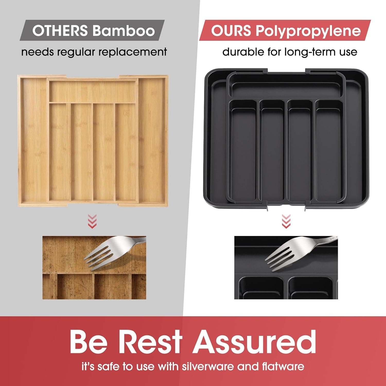 Aujen Silverware Organizer - Expandable Kitchen Drawer Organizer, Adjustable Utensil Organizer, Cutlery Tray for Forks, Knives, Multipurpose Kitchen Organizers and Storage Solution, Black, Medium Medium Black - Image 5