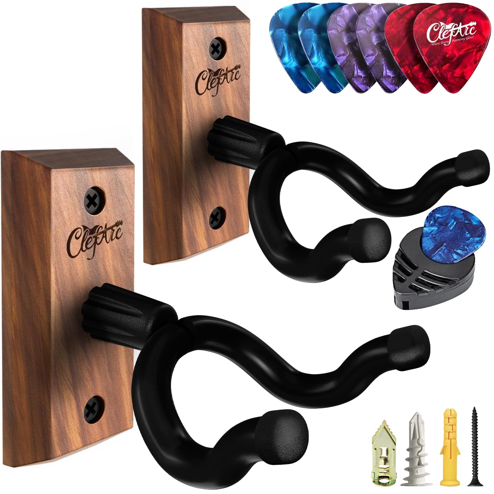 Guitar Wall Mount 2 Pack - U-Shape Guitar Wall Hangers, Guitar Stand Wall, Black Walnut Guitar Hanger, Pick Holder, Gifts for Guitarists, with 6 Assorted Guitar Picks