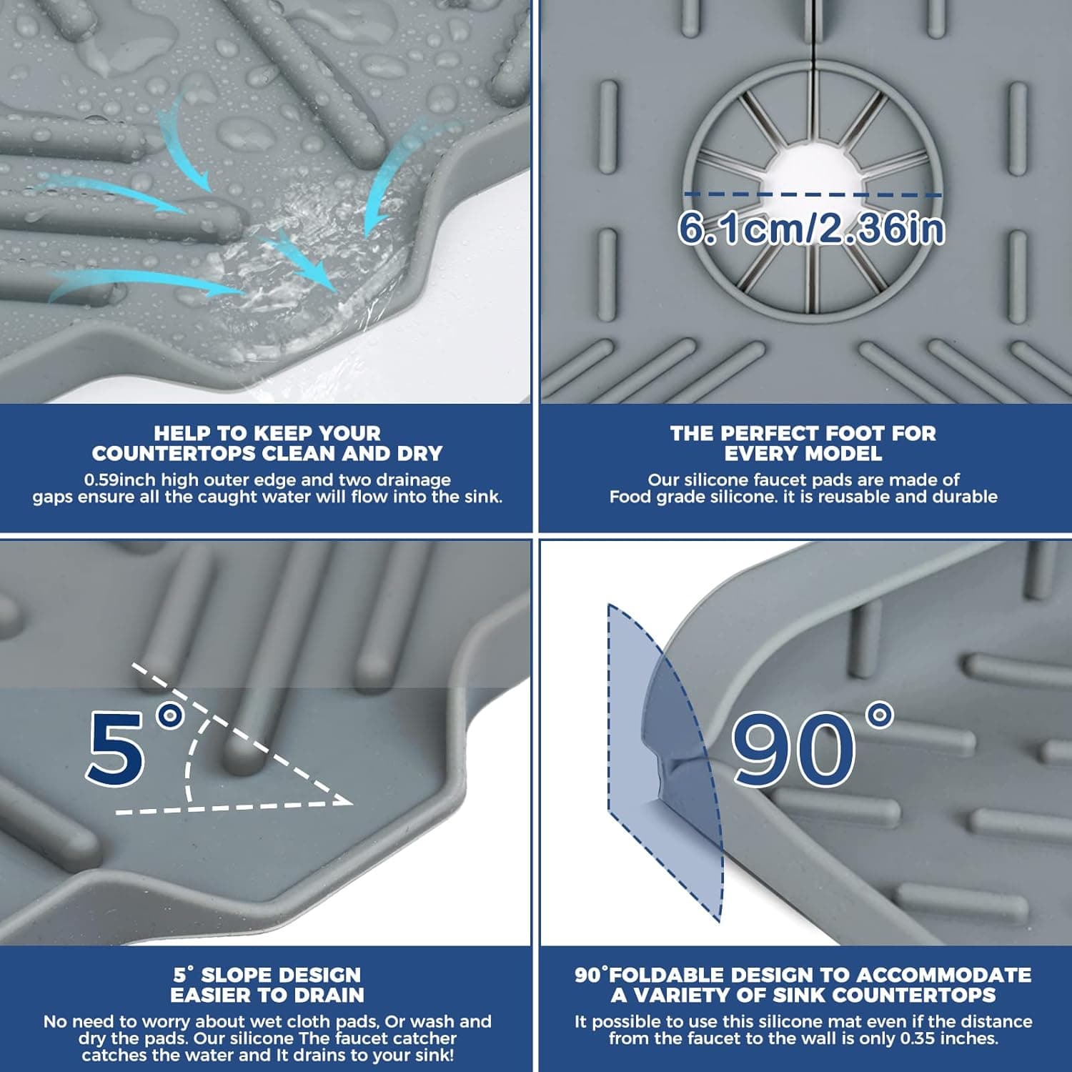 BFONS Silicone Faucet Handle Drip Catcher Drying Tray Mat Dish Soap Sponge Holder Accessories Gadgets for Kitchen Counter Bathroom Kitchen Sink Splash Guard -Grey Grey(1Pack): 14.25"x5.35" - Image 6