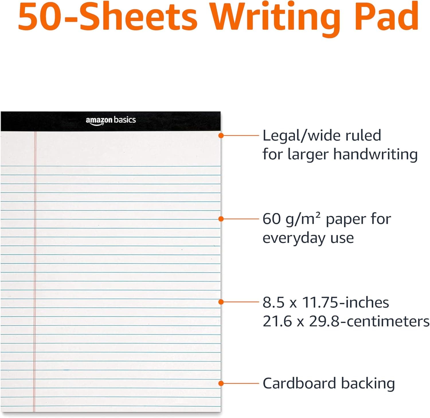 Amazon Basics Wide Ruled Lined Writing Note Pads, 8.5 inch x 11.75 inch, White, 12 Count (12 Pack of 50) White 8.5-Inch by 11.75-Inch - Image 4