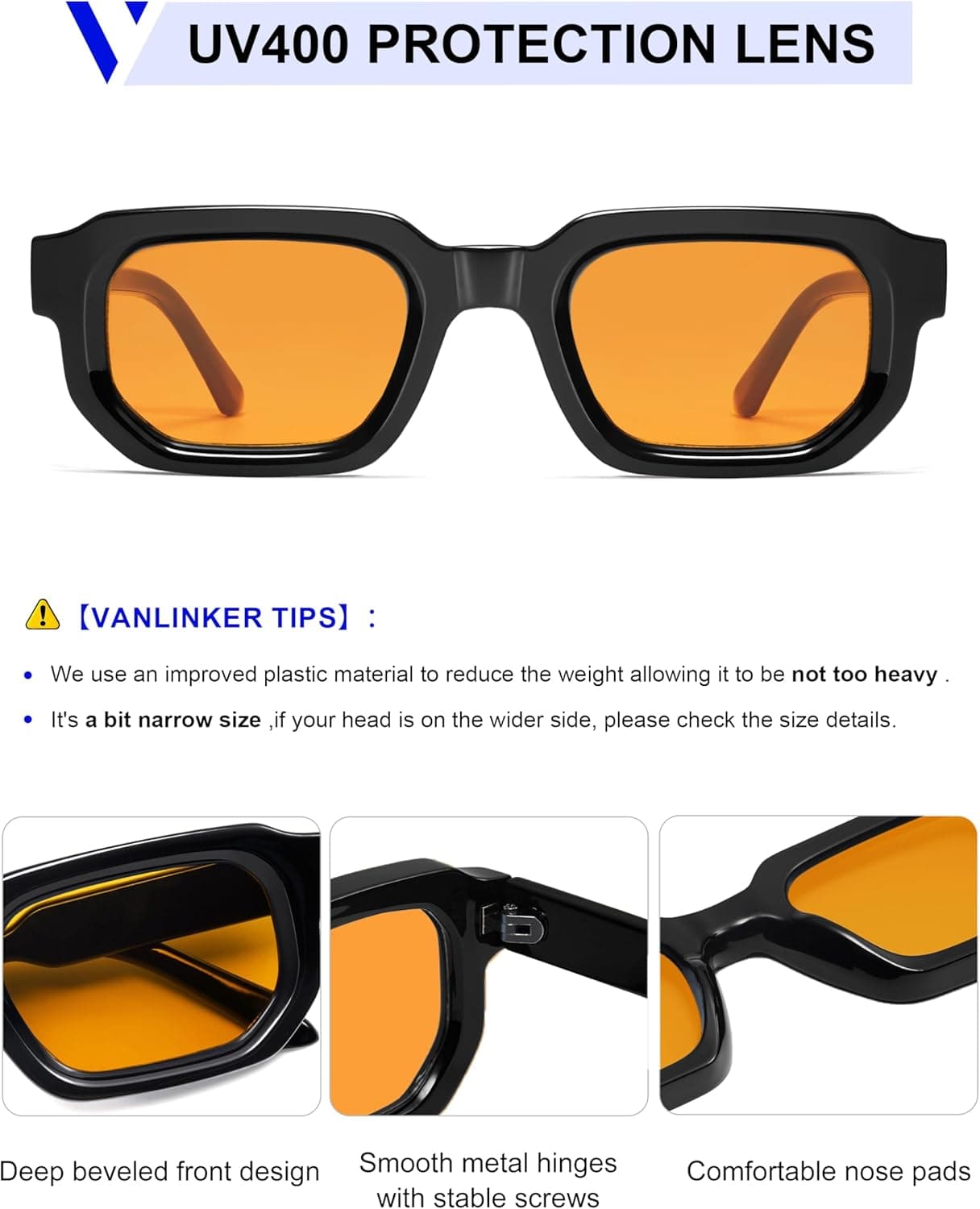 VANLINKER Retro Small Chunky Rectangle Sunglasses for Men Women Vintage Trendy Square Thick Sun Glasses VL9823 C5-orange Lens/Black Frame - Image 5