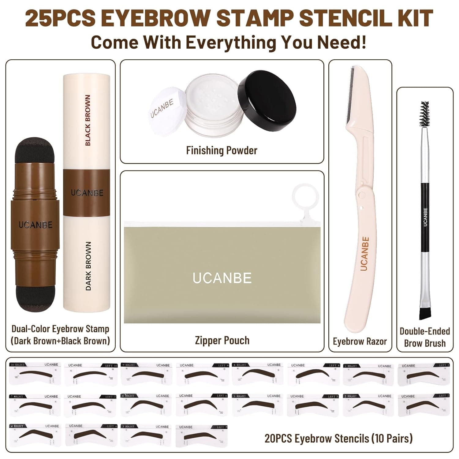 UCANBE 25PCS Eyebrow Stamp Stencil Kit With Dual-Color Eyebrow Stamp Pomade,20 Reusable Eyebrow Stencils,Finising Powder,Brush,Eyebrow Razor,Zipper Pouch,Waterproof Eye Brow Stamping and Shaping Kit04 Dark Brown+Black Brown - Image 3