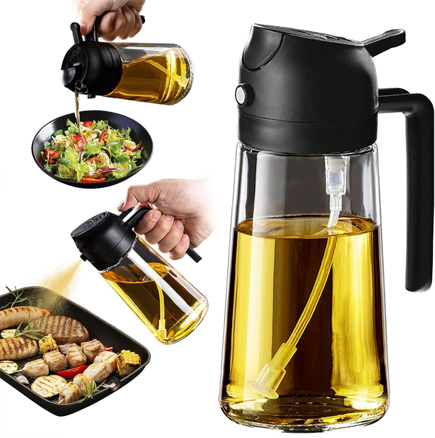 TrendPlain 16oz/470ml Olive Oil Sprayer for Cooking - 2 in 1 Olive Oil Dispenser for Kitchen Gadgets, Air Fryer, Salad, and BBQ - Black