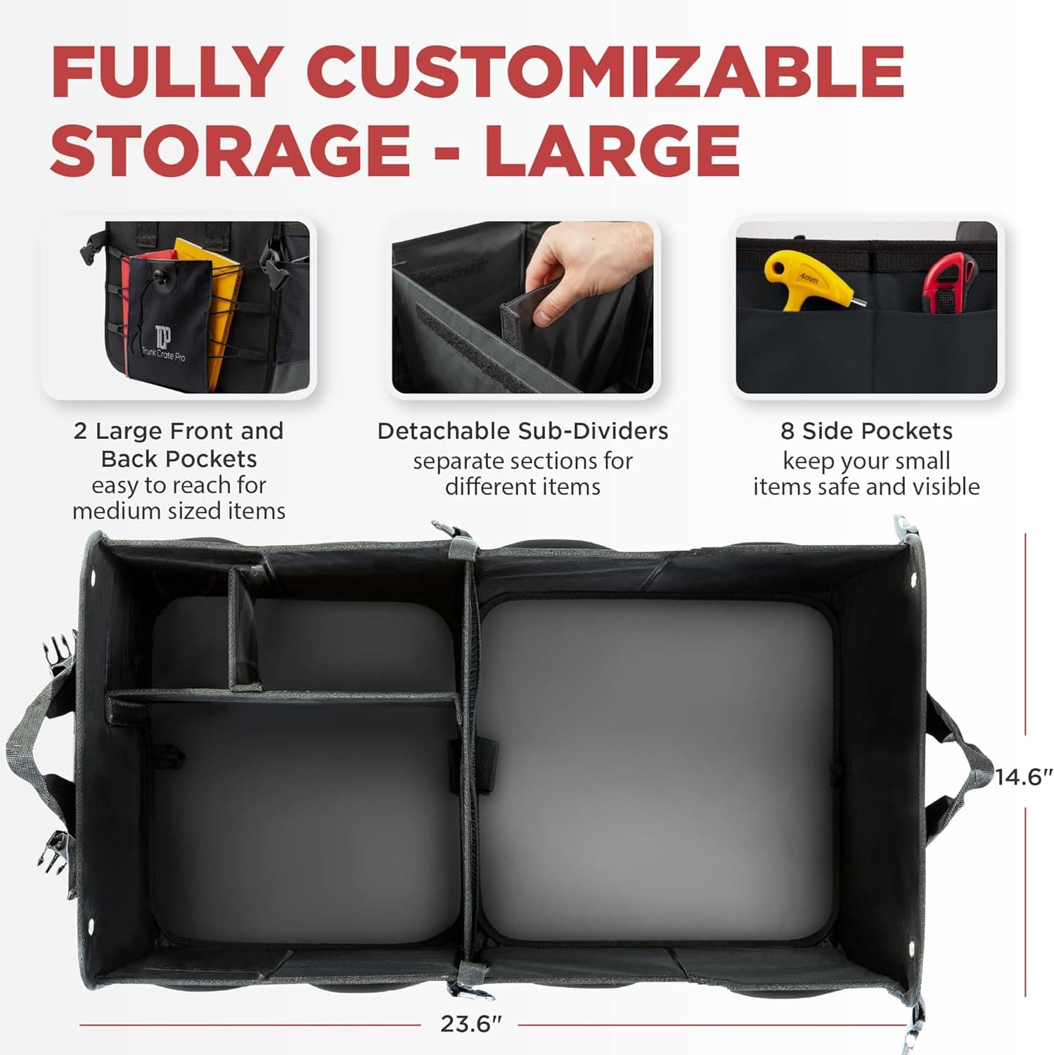 TRUNKCRATEPRO Organizador de Maletero para Auto, SUV, Camión | Organizador de Maletero de Auto Premium Ajustable con Múltiples Compartimentos, P straps de Sujeción y Fondo Antideslizante (Tamaño Grande, Negro) Grande Negro - Image 2