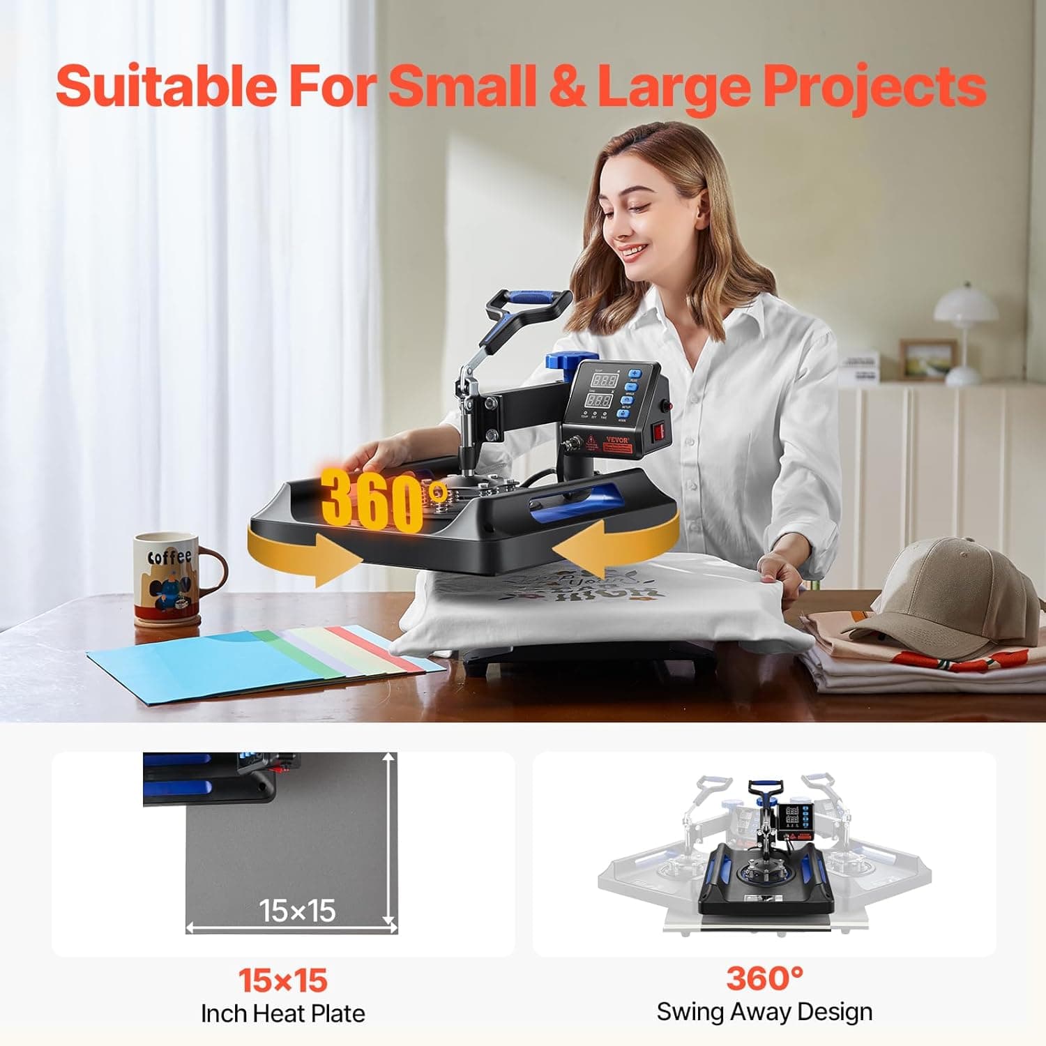 VEVOR 8 in 1 Heat Press Machine 15x15 Inch, 360° Swing Away Shirt Press Machine - Digital Professional Heat Transfer Tshirt Press Machine, Sublimation Heat Press for T Shirts Hat Cap Mug Plate Blue Blue Pro-15x15 - Image 7