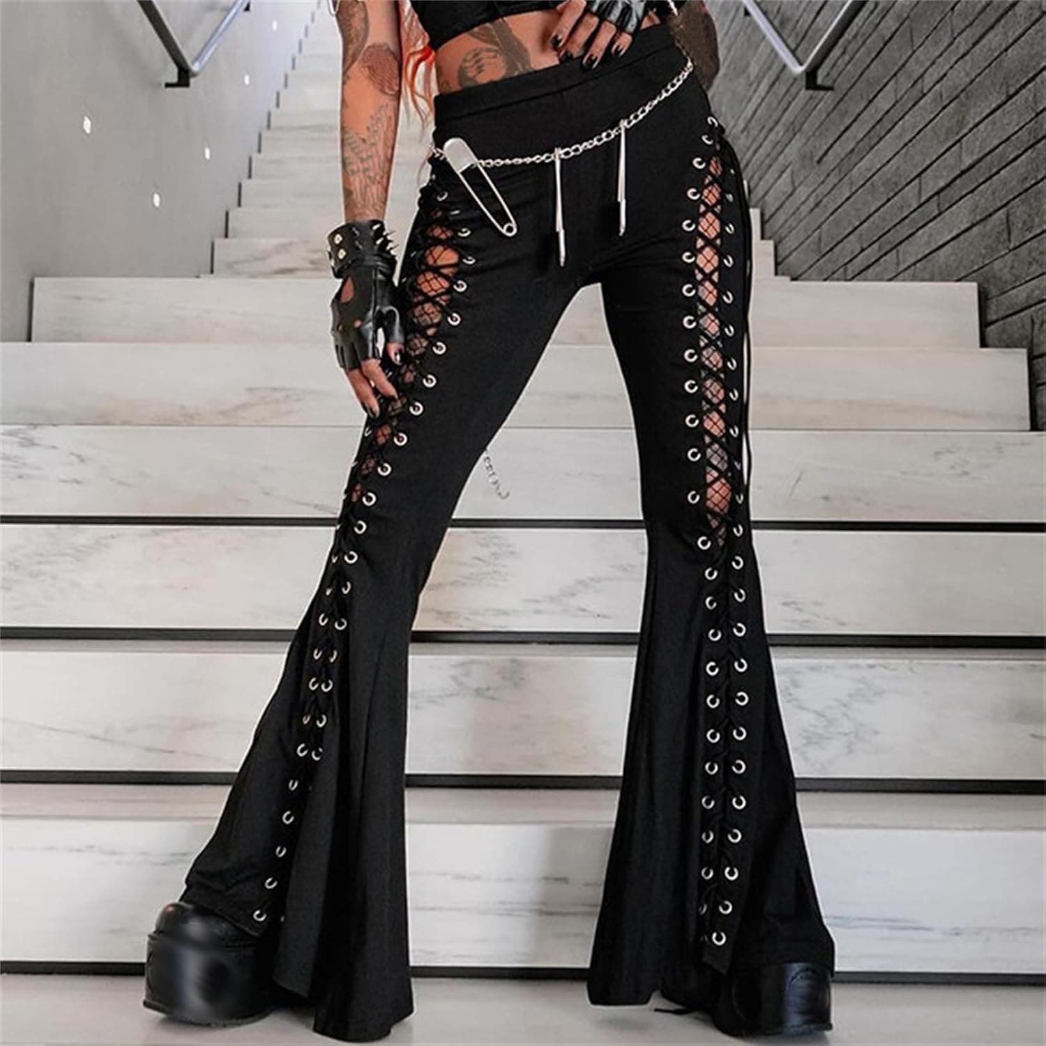Y2k Bell Bottom Pants for Woman Gothic Black Lace-Up Cutout Stretch Punk Small Black - Image 3