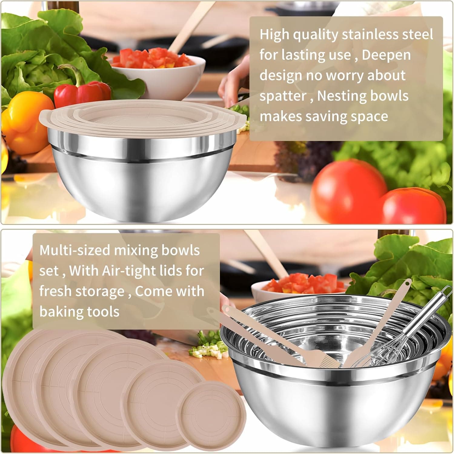 Mixing Bowls Set, 25PCS Khaki Mixing Bowls With Lids Set Stainless Steel Kitchen Large Nesting Metal Bowl 7QT to 1.5QT, Measuring Cups and Spoons for Prepping Cooking Serving Khaki Bowls Set - Image 7